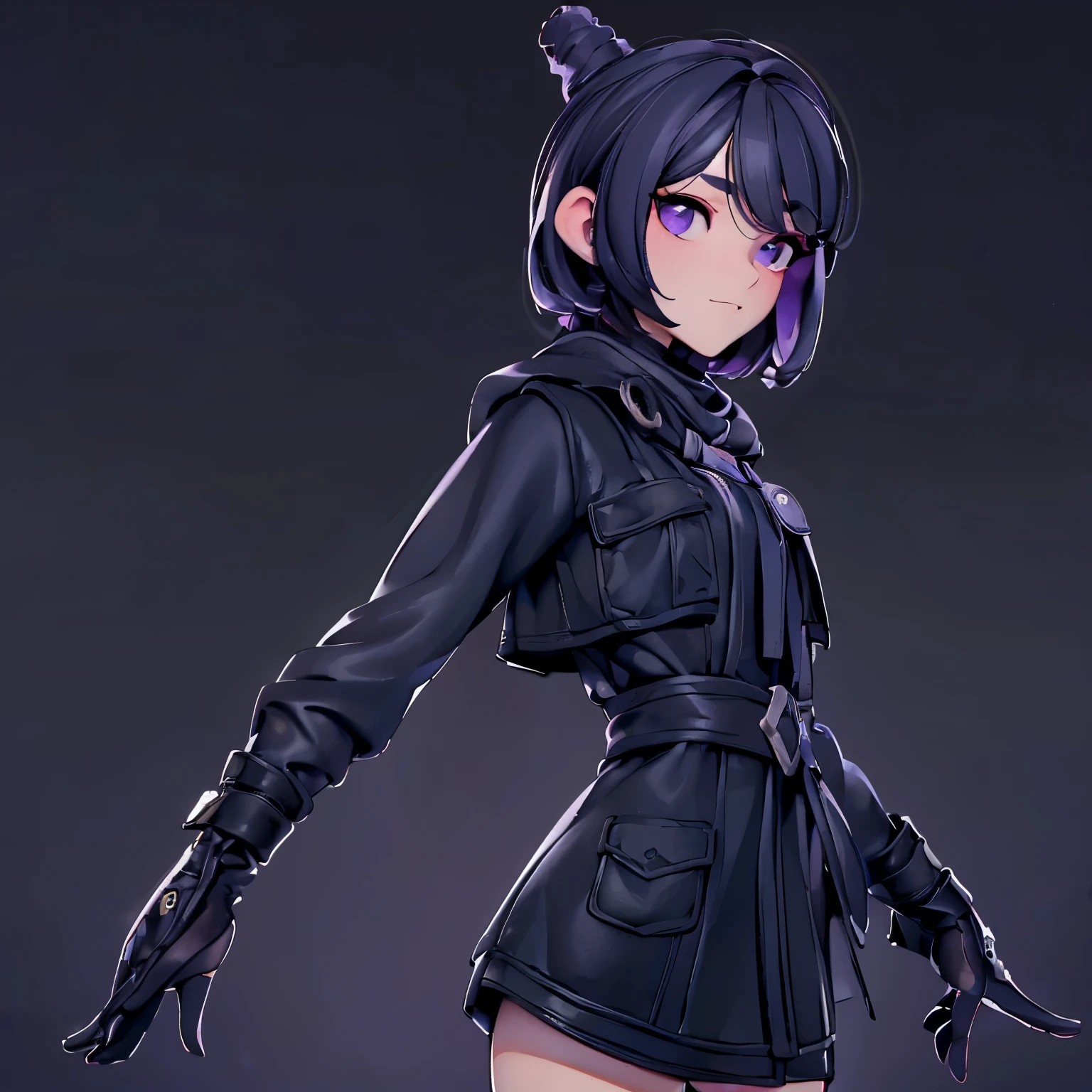 (best quality, ultra-detailed, realistic:1.37), portraits, girl with purple eyes and black hair, cold and cool, wearing a black knitted hat, short hair, dressed in a black coat, purple-black gradient knee-high socks, wearing boots, with a snowy forest in the background.