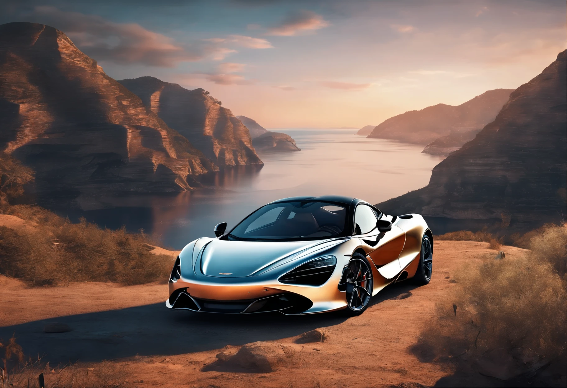 (Best quality, 8K, Masterpiece :1.2), Ultra photo realsisim, simplebackground, onthe mountain, Detailed McLaren 720s, The background is a cliff, Under the sunset,-1