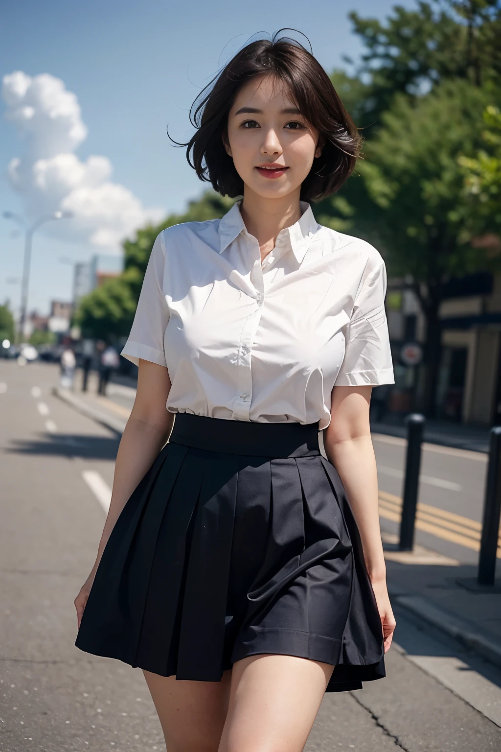 181 year old girl、Uniform skirt fluttering in the wind、beautiful feet、cloud、((thighs thighs thighs))、big and full breasts、white shirt、wide open chest、(butt)、short hair、