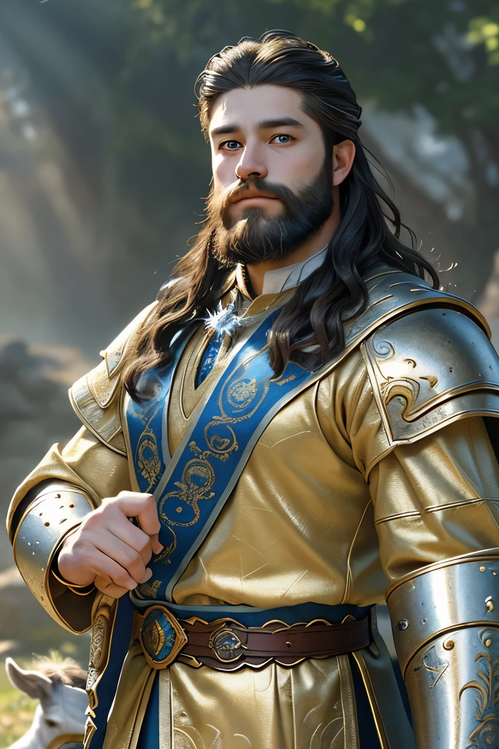 Masterpiece, highest quality, ultra high resolution image: A handsome young dwarf king proudly sits atop his war goat, his golden armor shimmering in the sunlight. Inserting a touch of intricacy, the armor is meticulously crafted, adorned with precious gems and intricate engravings. His battle axe, held tightly in both hands, glints menacingly. The king's face is as perfect as a sculpted masterpiece, his features sharp and defined, with piercing blue eyes, a strong jawline, and a small but determined nose. His curly, neatly tended beard frames his face, adding a touch of regal authority to his appearance.