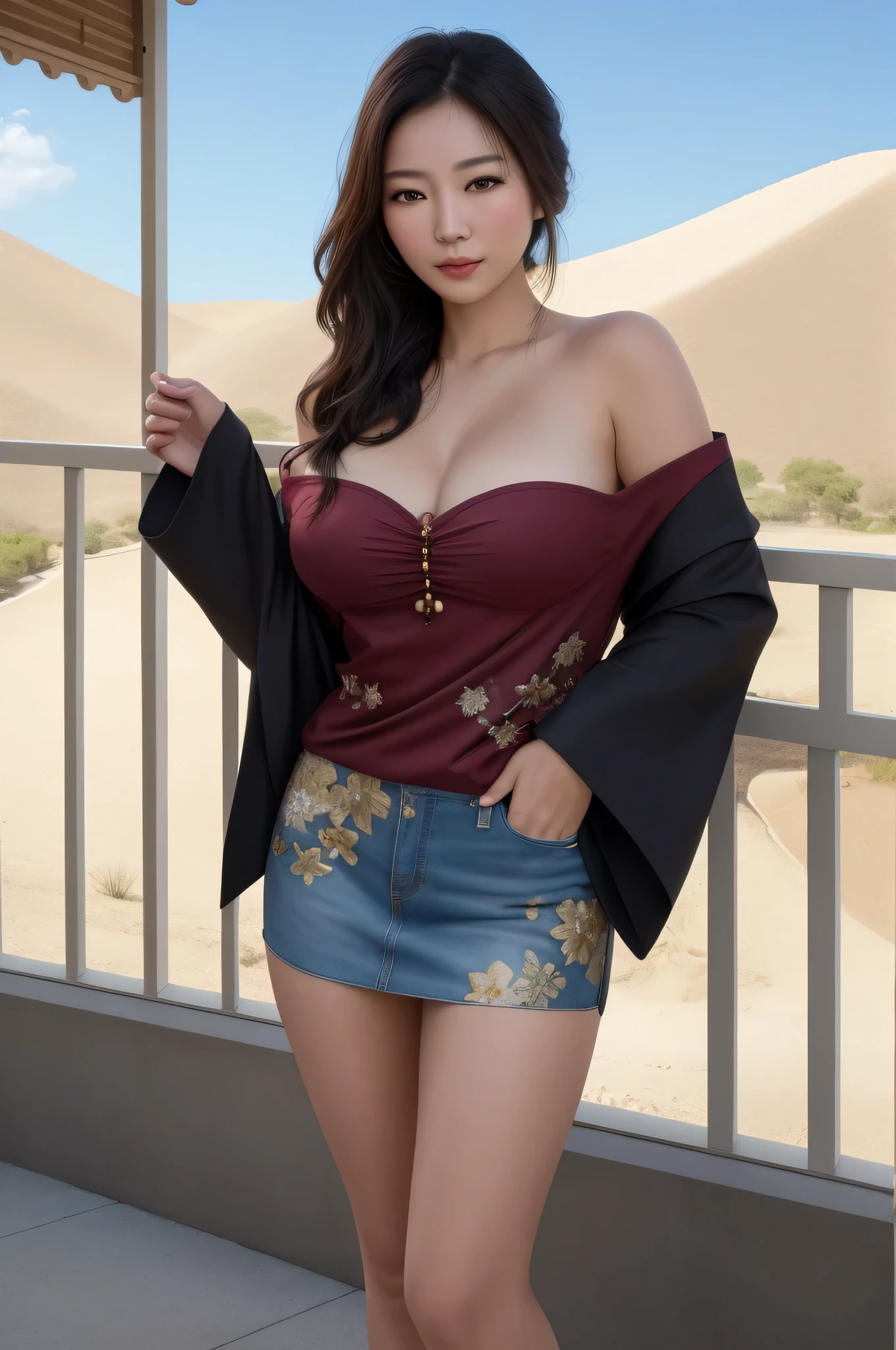 ((Best quality, 8k, Masterpiece :1.3)), Beautiful face, (photo realistic:1.4), soft lighting, (high detailed skin:1.3), 8k uhd, dslr, high quality, high resolution, 4k, 8k, absurdres, best ratio four finger and one thumb, (realistic:1.4), ((realistic medium breasts :1.3)), Highly detailed face and skin texture, Detailed eyes, Double eyelid, full body view, 1 asian woman, off shoulder kimono outfit