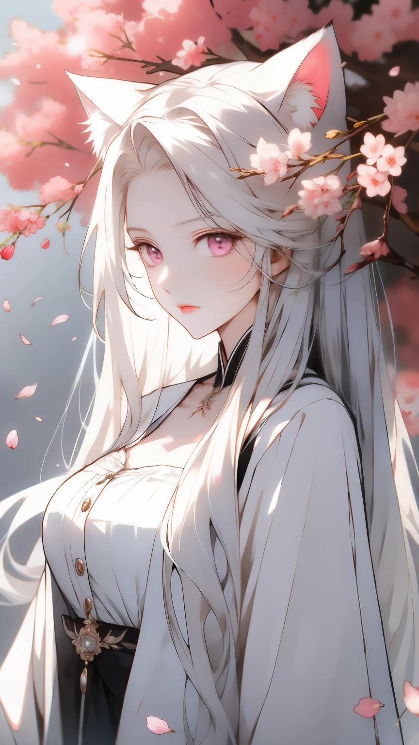 cherry_flowering, Fall_petal, alone,1 girl,Upper body,white hair,long white hair,Pale pink eyes,cat girl,Big breasts
