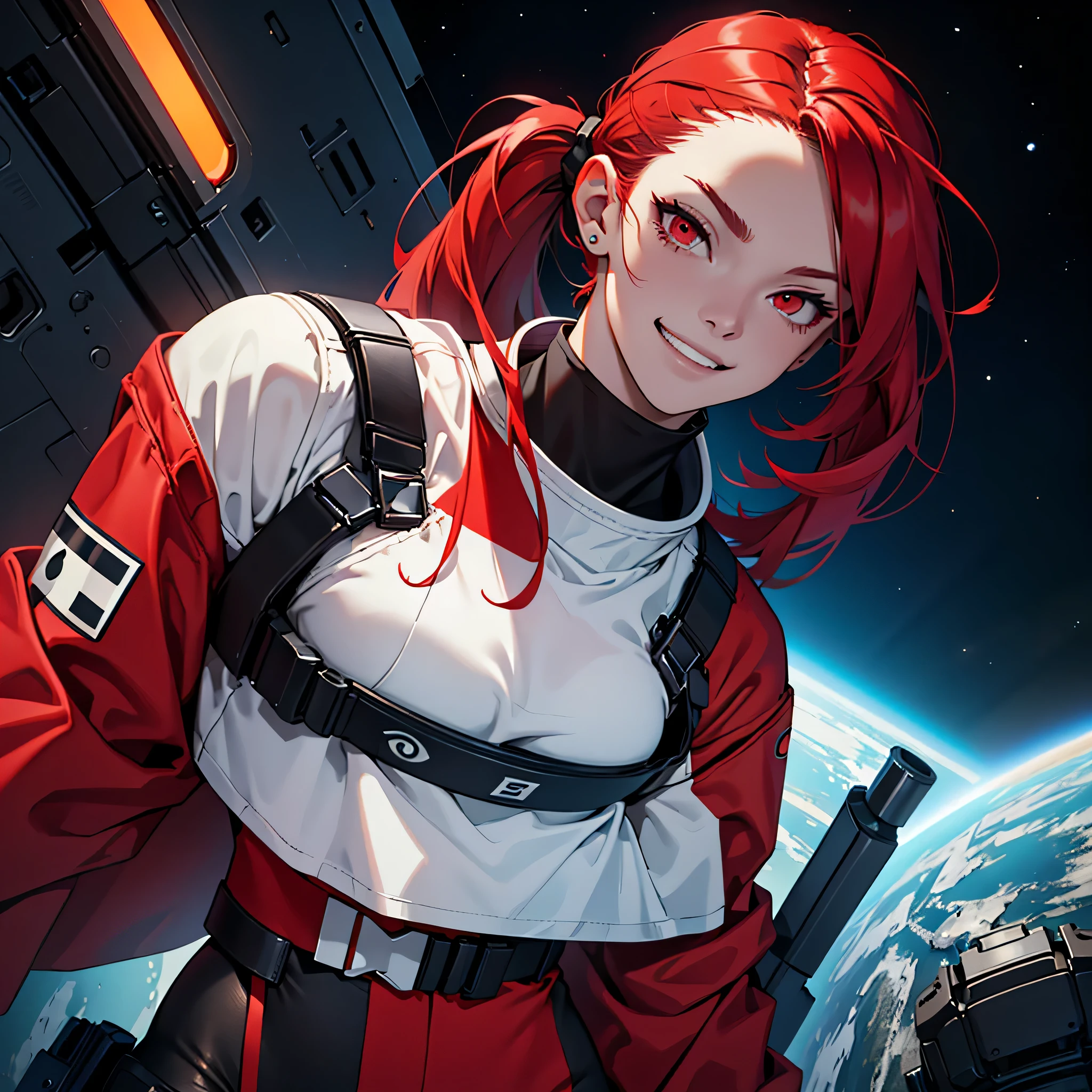 (Best quality) Android girl. Red hair. pigtail. red clothes. space police clothing, Red eyes, A tall girl with bright Red eyes and slightly pale skin. For some reason, her elongated and somewhat stern face seems unnatural., I guess, because of the almost creeping, self-confident grin with perfectly straight and white teeth. Immature woman, fat body, space background, expressionism