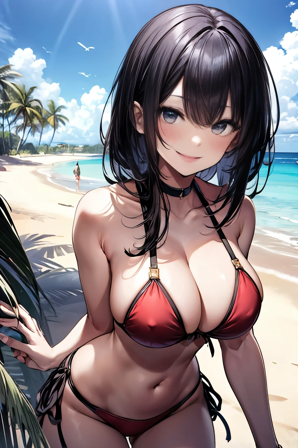 With background,Black-haired beautiful girl with big breasts,She is wearing a red bikini and smiling on the sandy beach