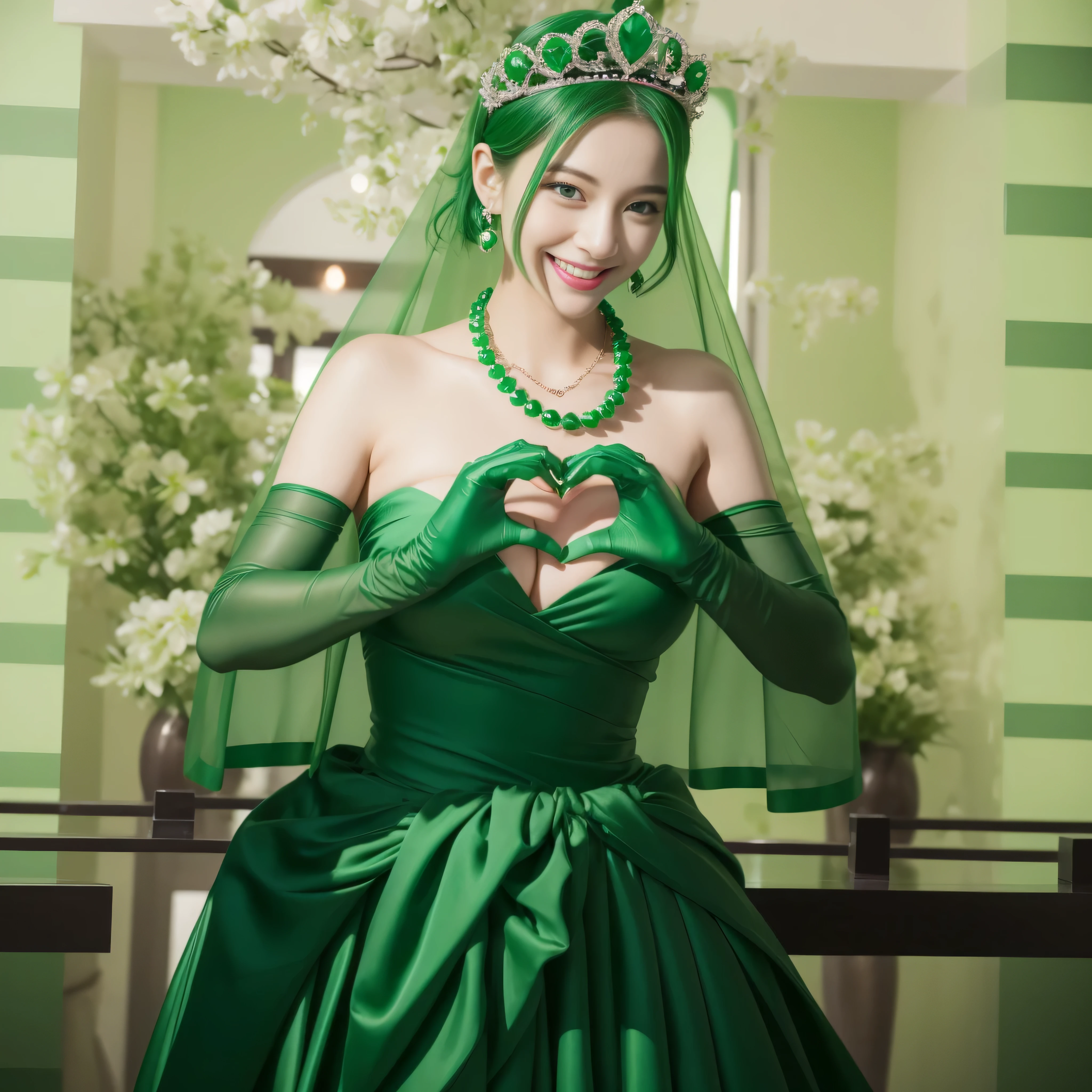 emerald tiara, green pearl necklace, ボーイッシュな非常に短いgreen hair, lipstick, smiling Japanese woman, very short hair,  Beauty with large breasts, green eyes, Long Green Satin Gloves, green eyes, emerald earrings, green veil, heart with both hands, green hair, beautiful japanese woman, heart shaped hand:1.3, green lip gloss