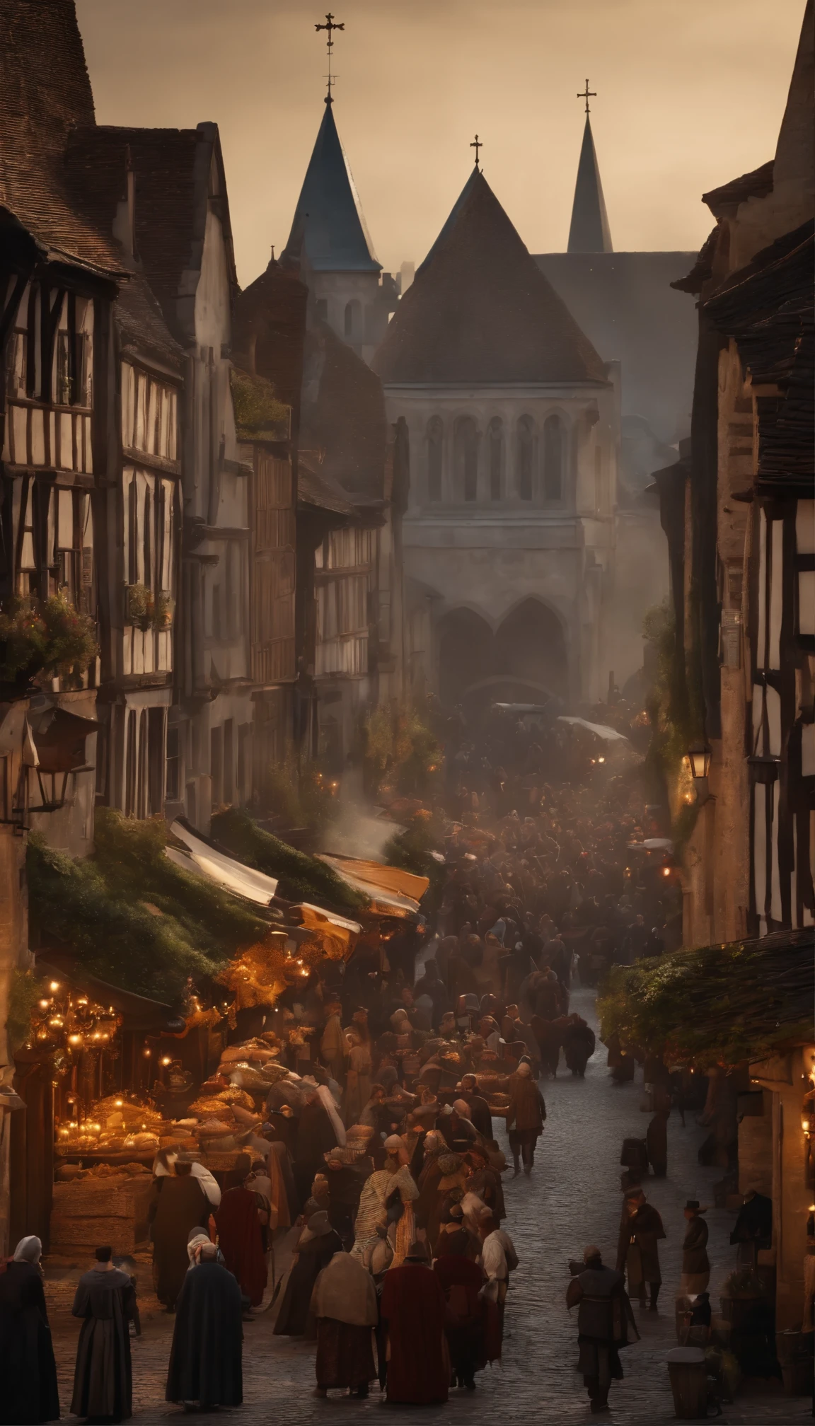 The AI-generated realistic photo of the year 1500 depicts a bustling medieval cityscape with cobblestone streets, timber-framed buildings, and market stalls. People are dressed in the fashion of the time, with men and women wearing elaborate, colorful garments. Horses and carriages traverse the streets, and in the distance, a towering cathedral and a castle can be seen, symbolizing the power and influence of the church and royalty during this period. The photo captures the essence of daily life in the year 1500, conveying the blend of commerce, religion, and architecture that characterized the medieval era.