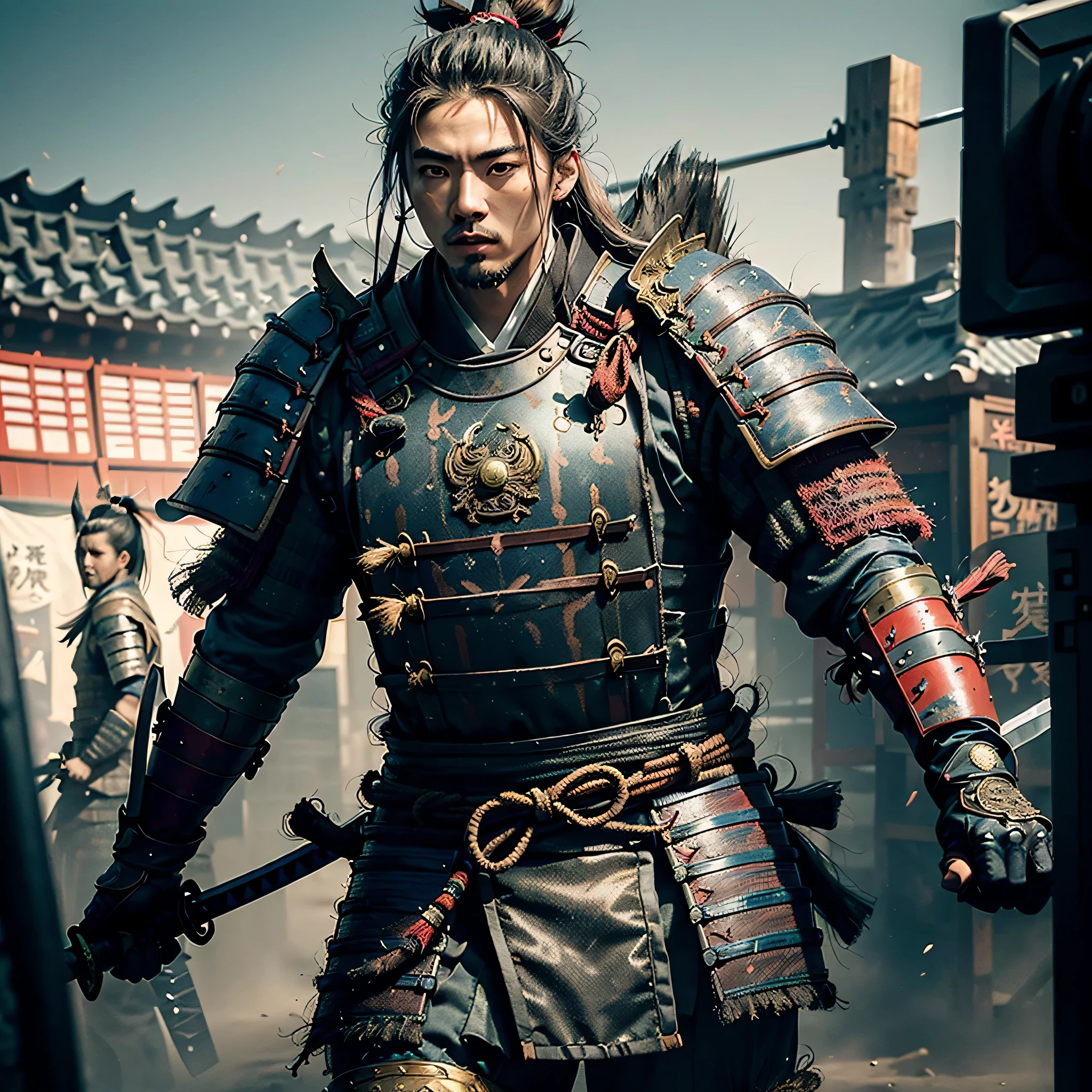 ((masterpiece))), (((Best quality))), ((ultra detailed)), (hyperrealistic), (highly detailed computer illustration), Cinematic light, photorealistic, man ((samurai)) An extremely agile warrior,Hitokiri Batusai, fitness, Complex Eaba in detail, Black samurai outfit, two swords