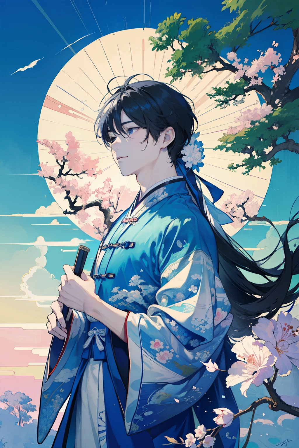 ((masterpiece)),((best quality)),((high detail)),((actual,)) ((Super detailed)) under a sakura tree， Cartoonist illustration, airscape, beautiful sky, Morphing clouds, 1.3:pines, tower.a boy，ancient chinese clothing，long hair，黑色long hair，Shawl hair，Ancient Chinese men's clothing，gentle grin