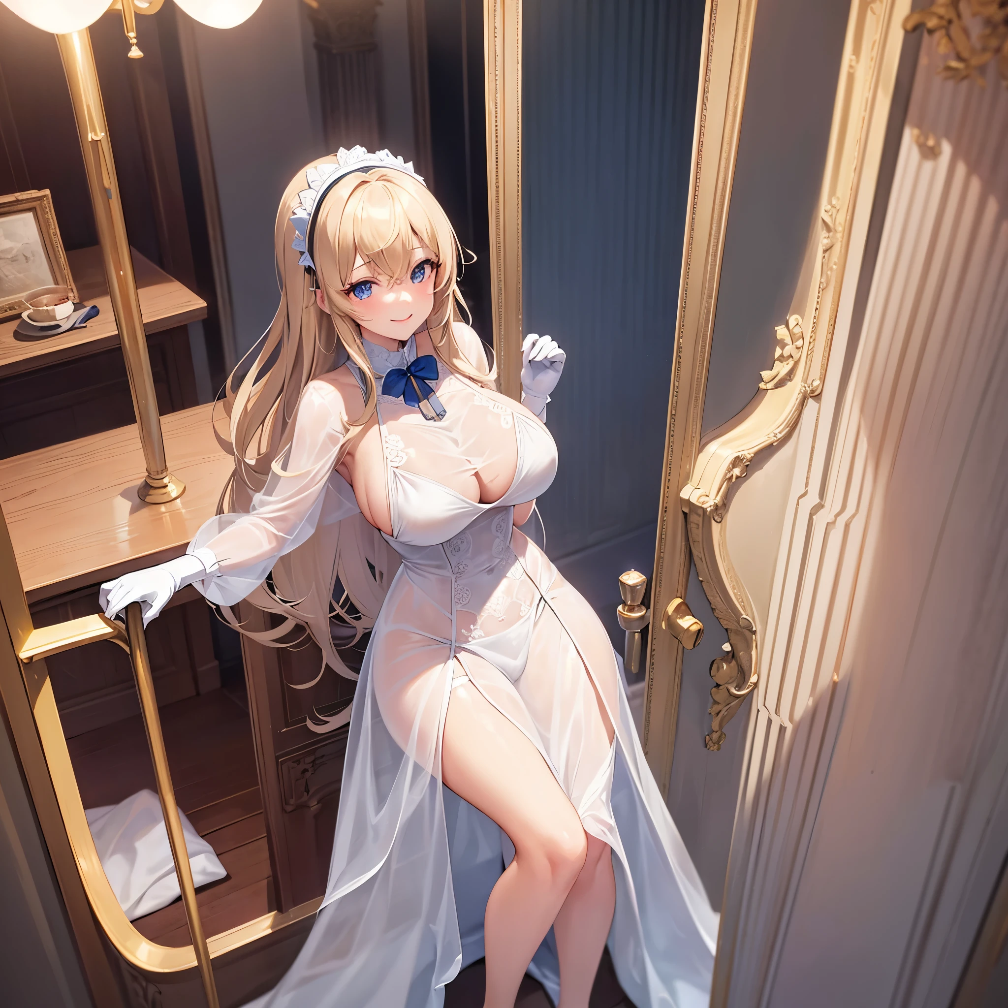 masterpiece, highest quality, super detailed, woman、blonde、blue eyes、Spotlight、black put on a coat、red See-through underwear、big breasts、pantyhose、standing、whiteいカフス、white gloves、smile、See-through G-strings、High leg、See-through micro bikini