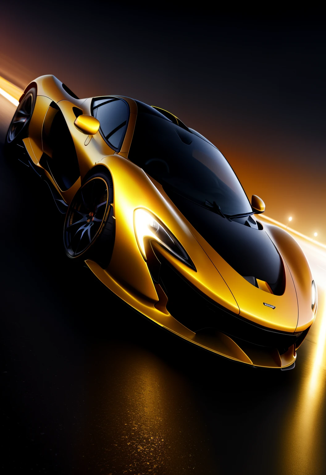 The McLaren P1 vermnelha goes through the night, with the headlights reflecting the glass and in the middle of the cyberpunk city 2077