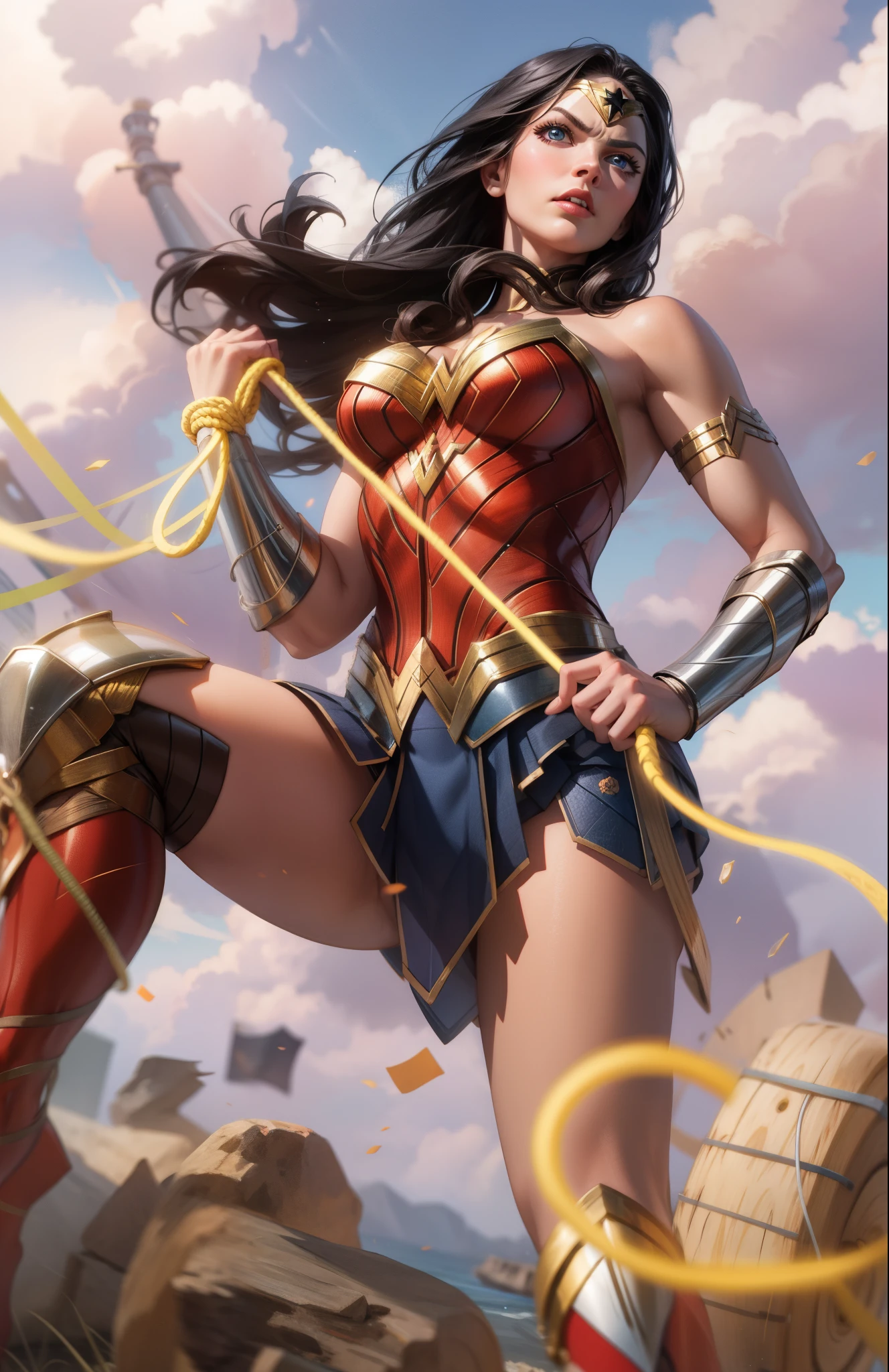 perfect eyes:1.2, detailed eyes:1.4, serious, angry, wonder woman, looking at viewer, black hair, long hair, blue eyes, leotard, bare shoulders, cleavage, holding rope