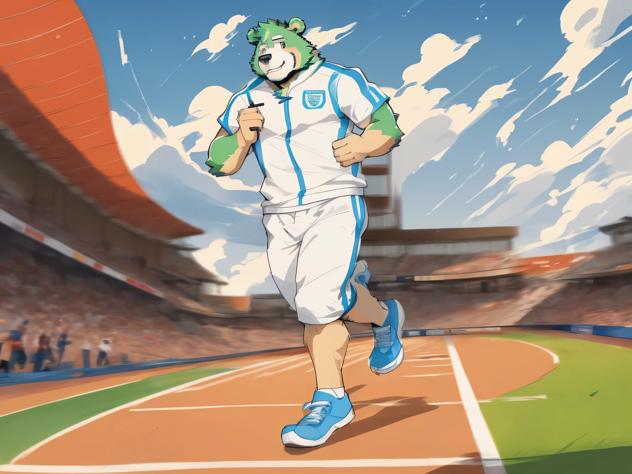 a drawing of jinpei running on a track with a frisbee, running pose, digitally drawn, sketch illustration, sketched 4k, sprinting, hand drawn illustration, running freely, people running, hand drawn animation, line sketch, pen-and-ink illustration, pen - and - ink illustration, on grey paper sketch ink style, hand - drawn animation, furry, furry bear, green fur, mature, running track, runner uniform, running effect, fast moving drawing