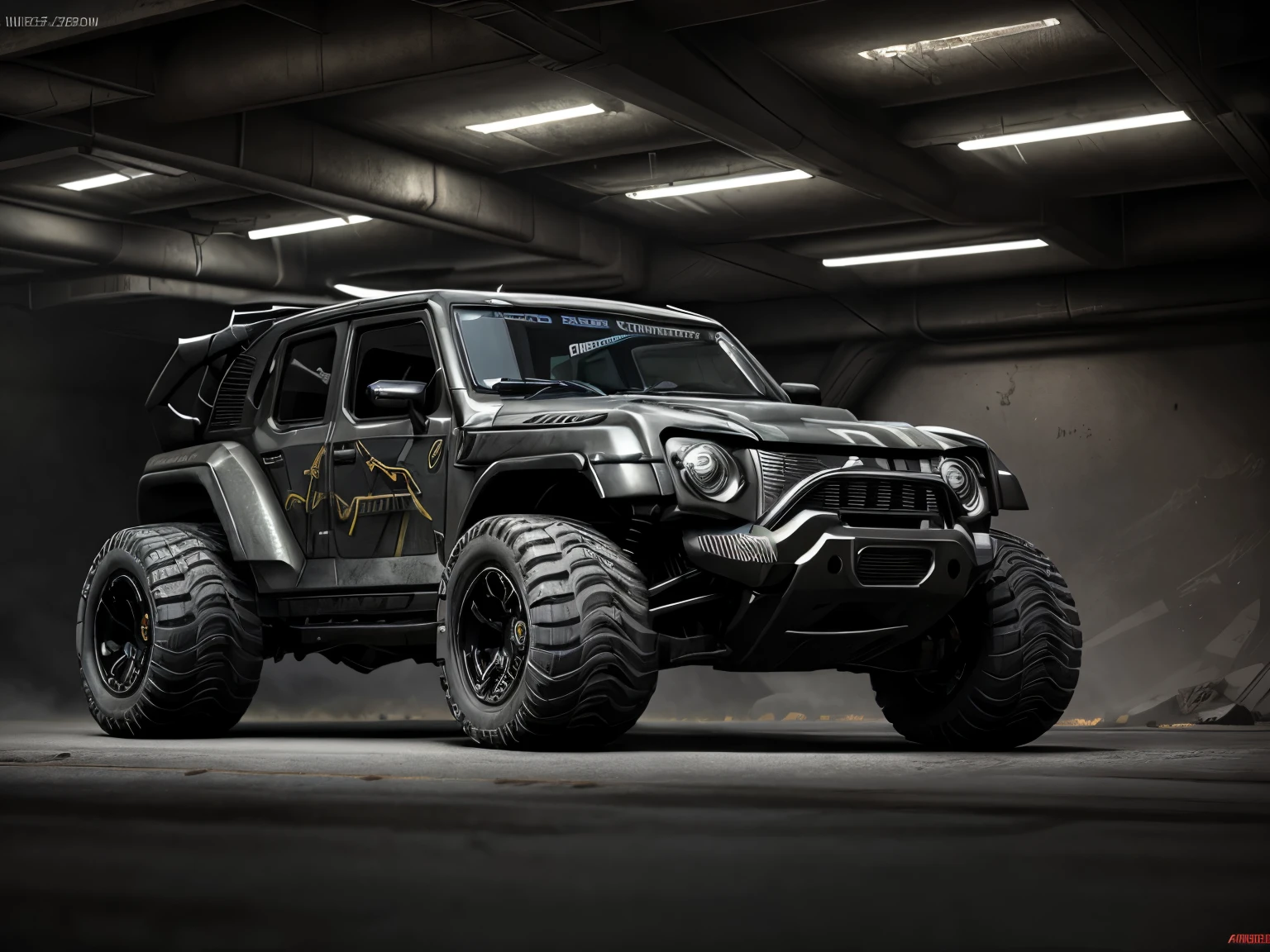 a 3/4 front view of ((futuristic cyberpunk Rubicon)) (with glowing tires), at the parking lot,