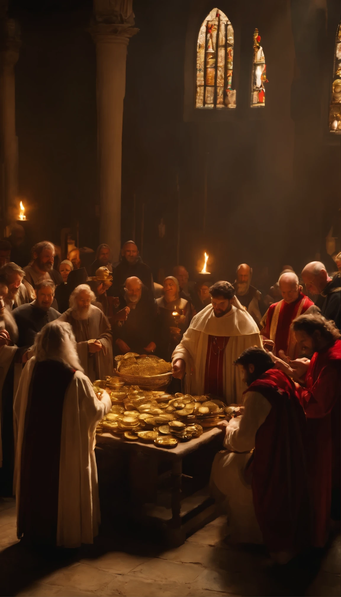 
The photo depicts a medieval church interior with people from various social classes donating money and goods to the church. Wealthy nobles are seen contributing gold coins and jewelry, while commoners donate food, clothing, and other necessities. The church officials, including priests and monks, are receiving the offerings with gratitude. The scene captures the act of charity and the practice of almsgiving during the medieval era, reflecting the importance of religious philanthropy and the role of the church in providing for the less fortunate.