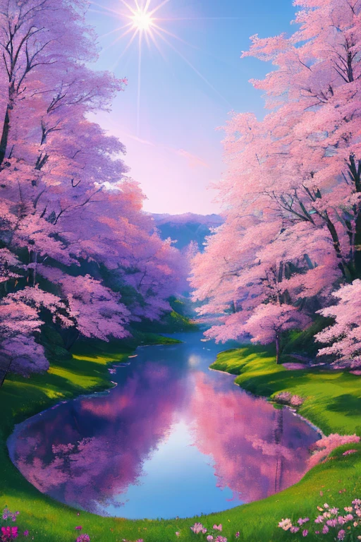 A beautiful landscape painting in vibrant shades of purple-pink, filled with intricate details and thoughtful stylization. The background showcases a serene vista, with a tranquil lake reflecting the colorful sky and a backdrop of rolling hills. Delicate flowers bloom in abundance, adding depth and dimension to the scene, while the sunlight filters through the leaves of the trees, casting dappled shadows on the ground below. This masterpiece, rendered in stunning 16k resolution, exudes a dreamlike quality, inviting the viewer to get lost in its intricacies and details.