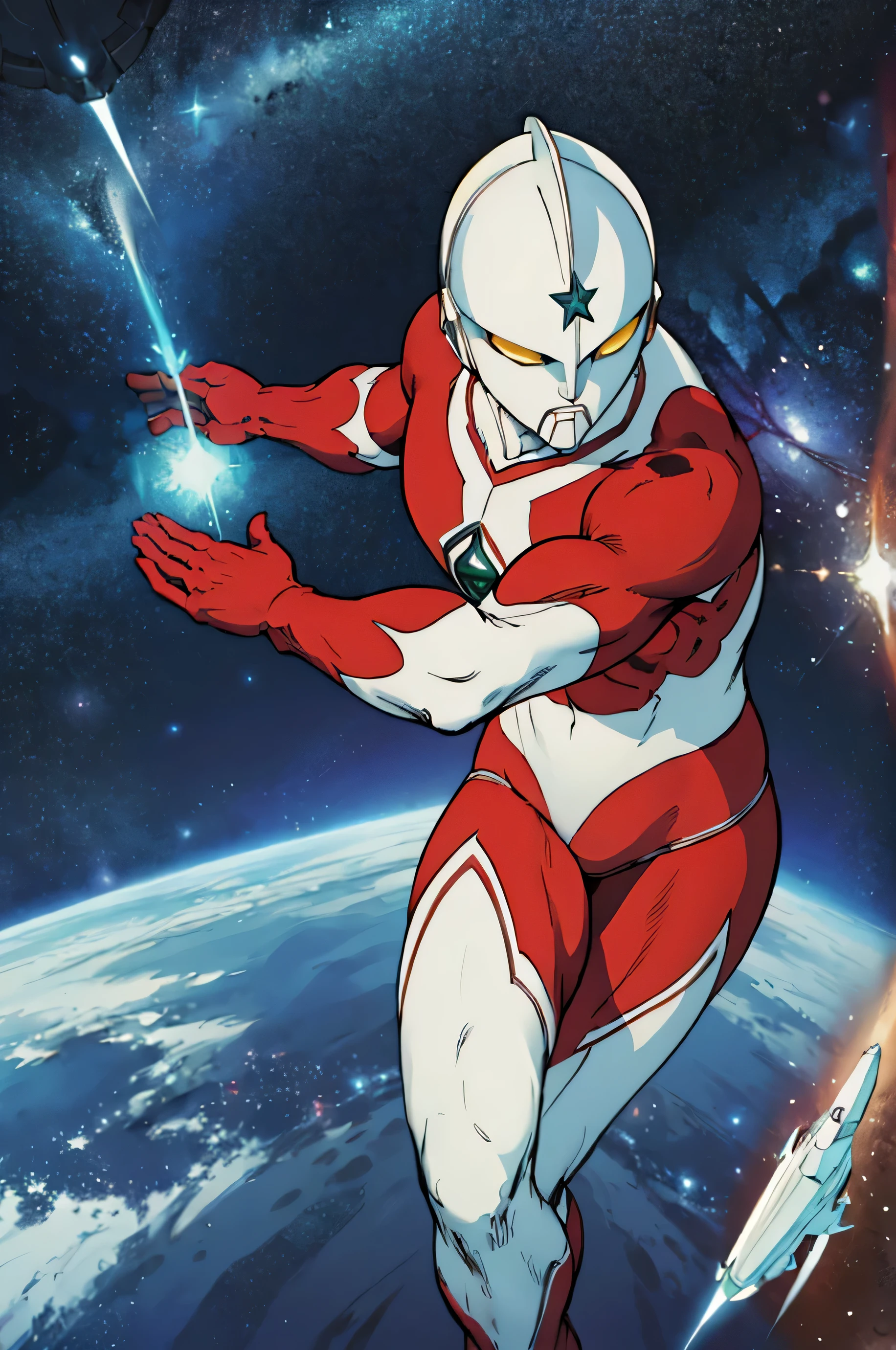 masterpiece, highest quality, 4K, 8K, (space background, I can see the earth, On the moon), Ultraman,action scene, pose during battle, 