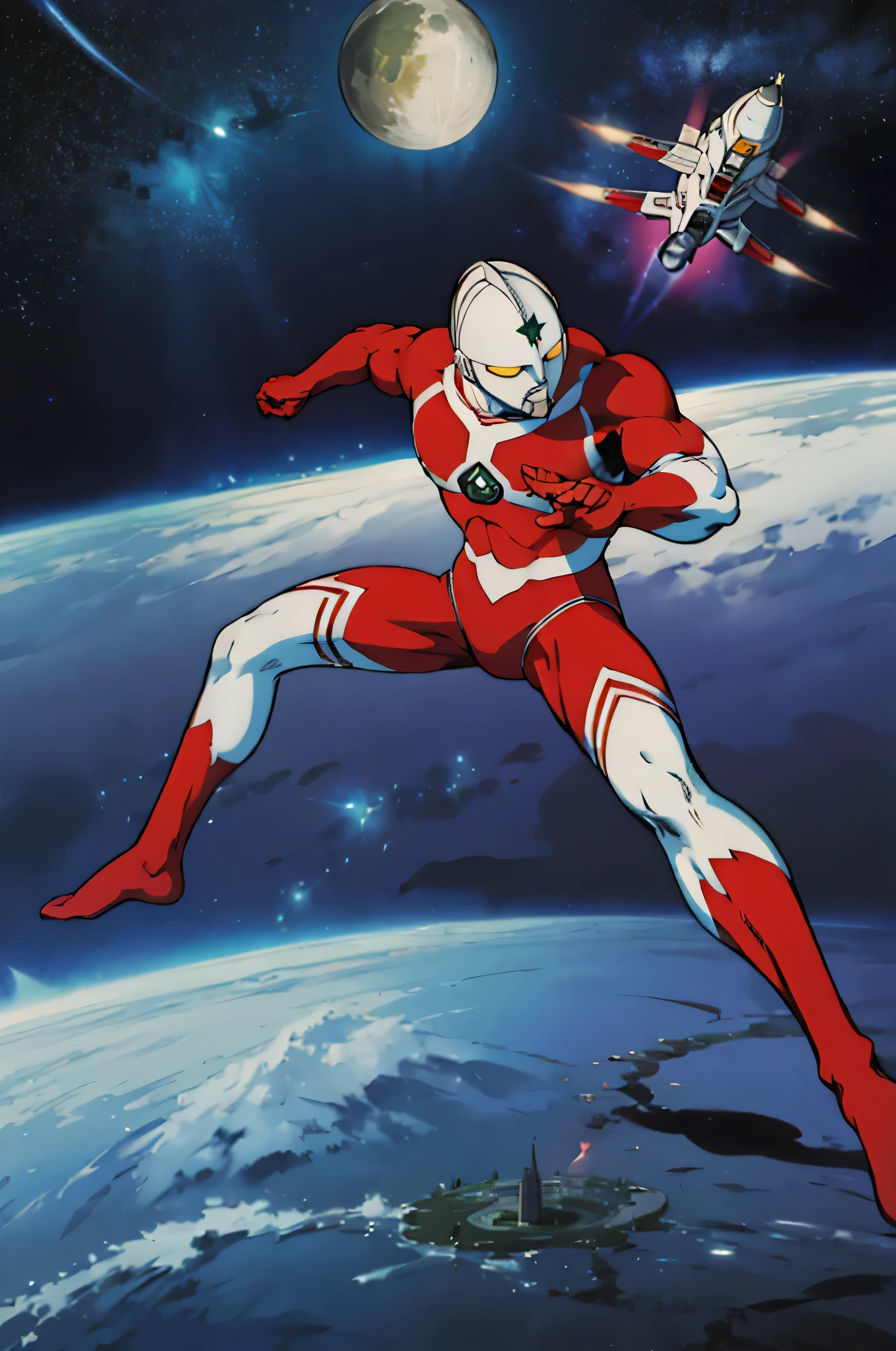 masterpiece, highest quality, 4K, 8K, (space background, I can see the earth, On the moon), Ultraman,action scene, pose during battle, 