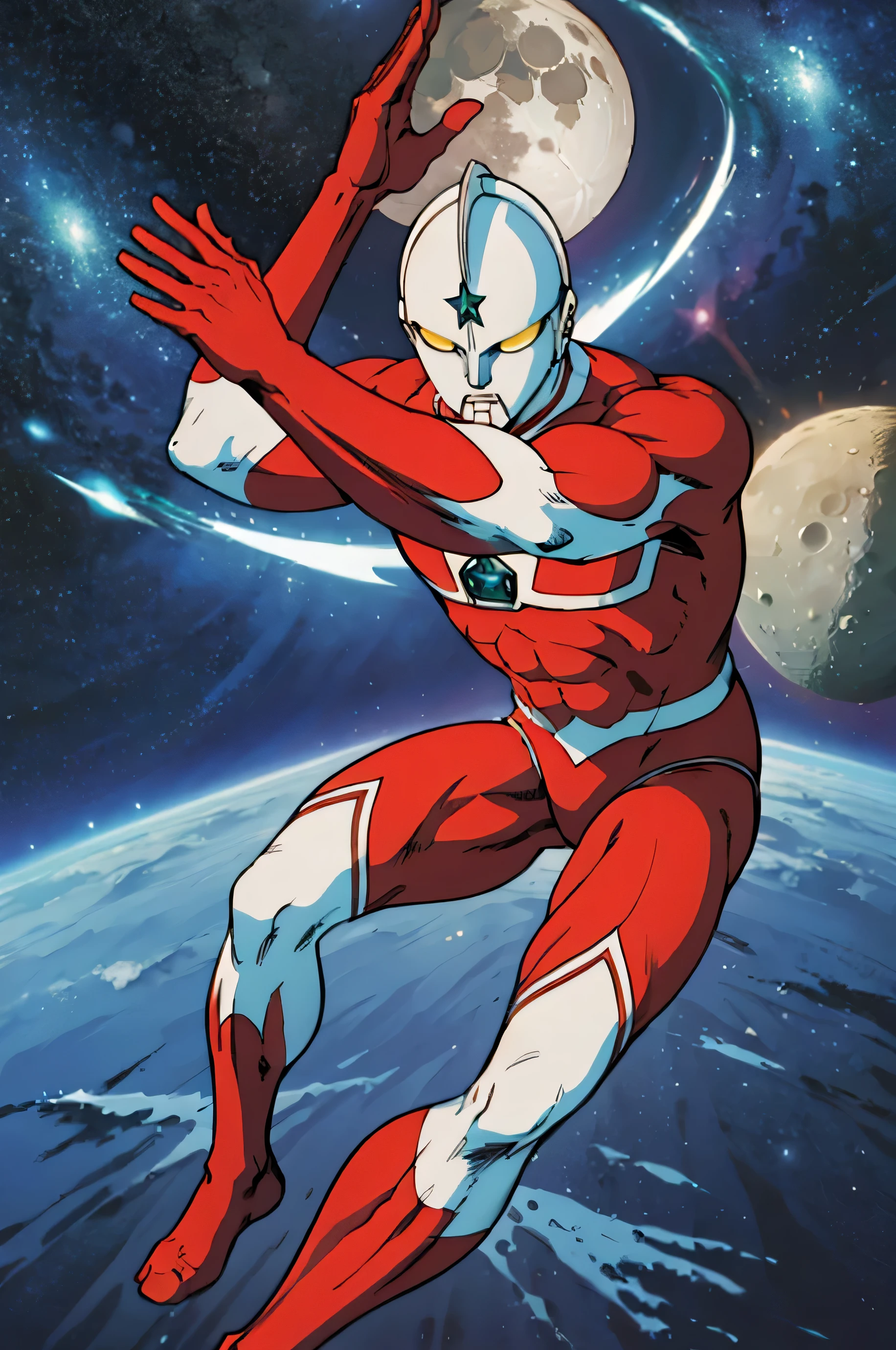 masterpiece, highest quality, (space background, I can see the earth, On the moon), Ultraman,action scene, pose during battle, 