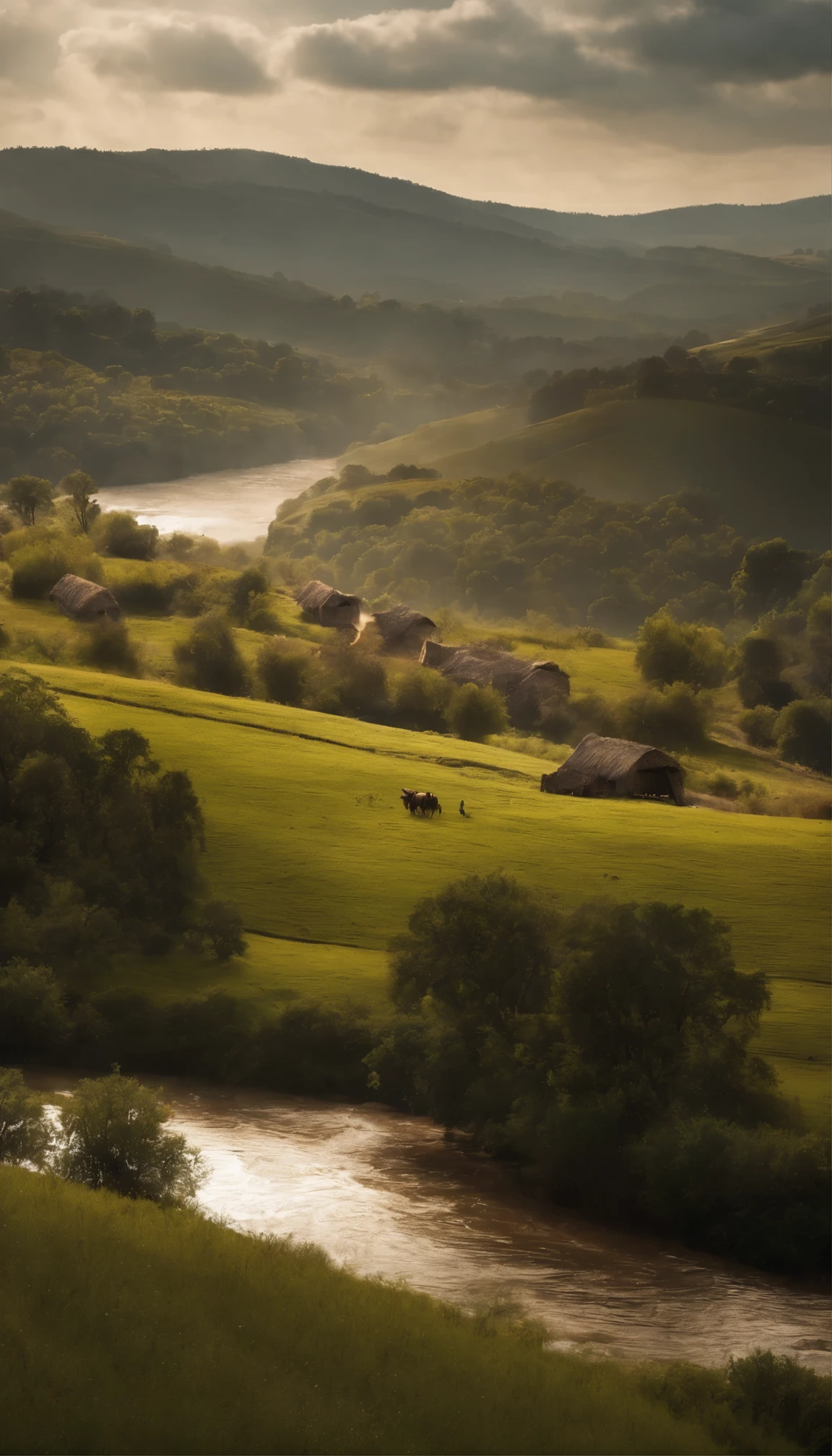 The photo depicts a historical landscape from around 100 BC, featuring rolling hills, ancient forests, and perhaps a river or a settlement in the distance. The environment reflects the natural beauty and rugged terrain of the era, with people engaged in activities such as hunting, farming, or gathering resources. The scene captures the essence of daily life during this ancient period, providing a glimpse into the cultural, environmental, and technological aspects of the time.
