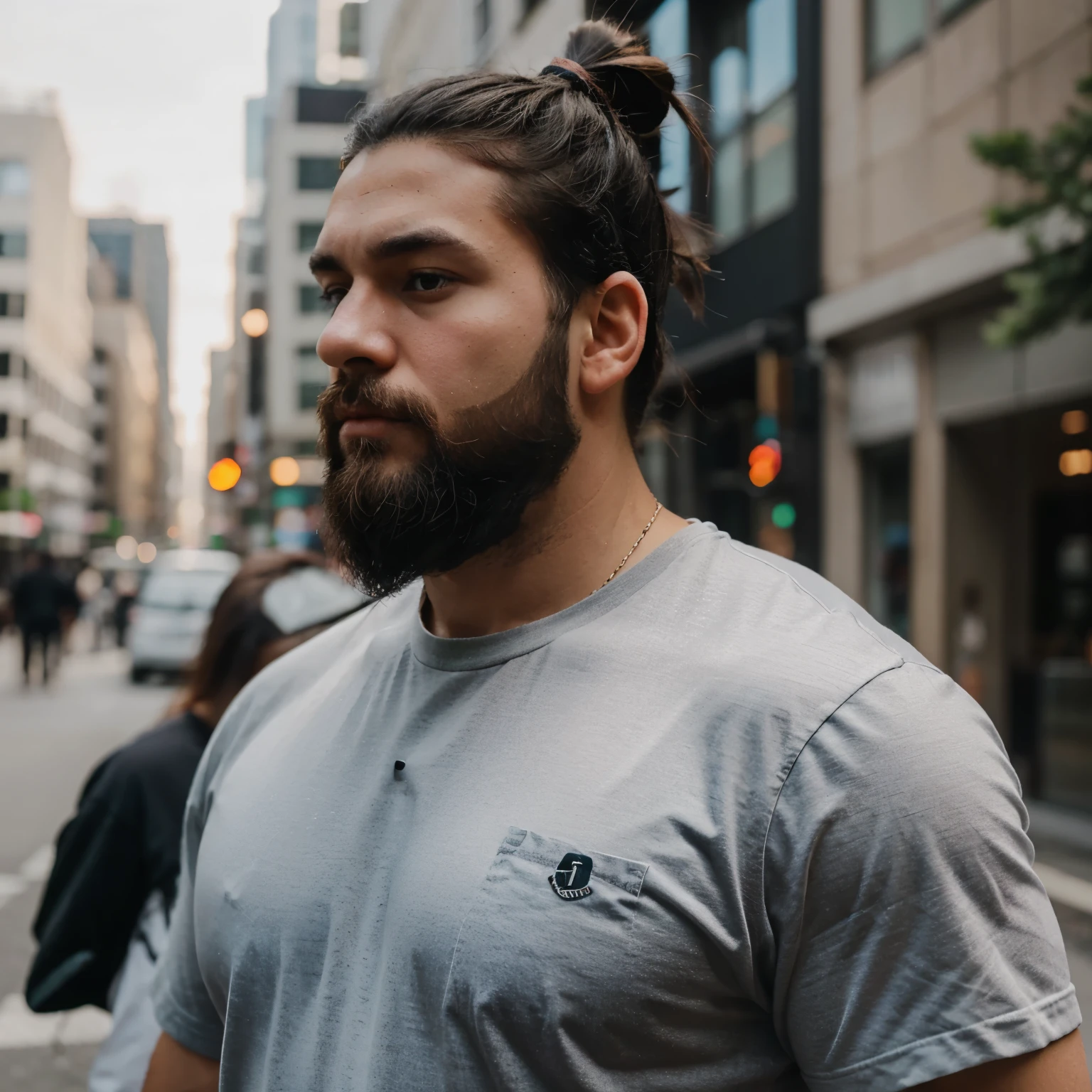 Peter griffin millennial black hair, black shirt, beard, man bun 300 mm lens