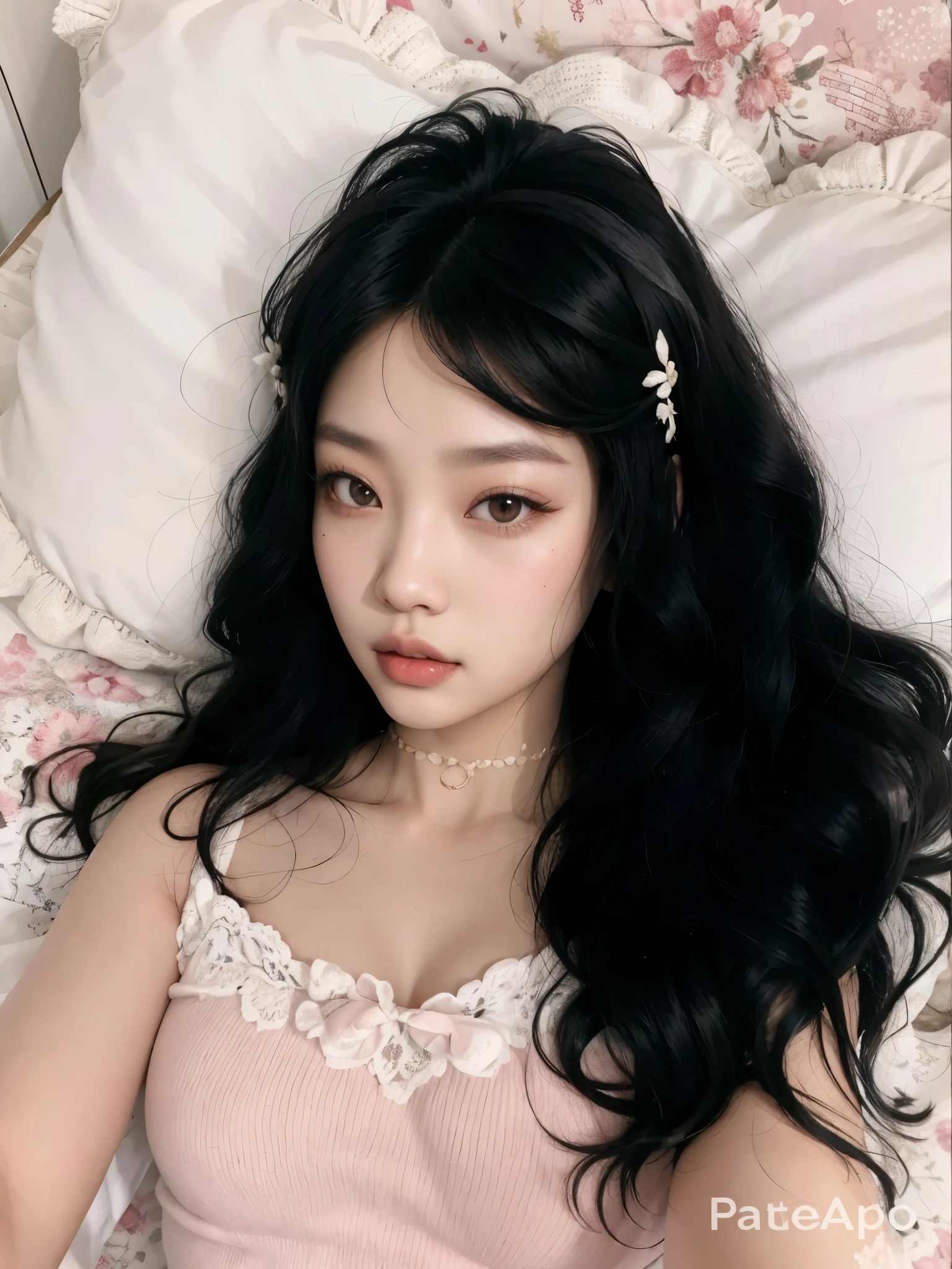 Araffe Asian woman with long black hair lying on a bed, Jennie Kim, BLACKPINK, Jennie of black pink, Ulzzang, cabelo preto longo e ondulado, corte de cabelo preto hime, long cabelo preto ondulado, cabelo preto ondulado with bangs, Retrato realista kawaii, cabelo preto longo e cacheado, cabelo preto ondulado, cabelo preto longo e ondulado, cabelo preto ondulado, com cabelos longos e olhos penetrantes, linda jovem coreana