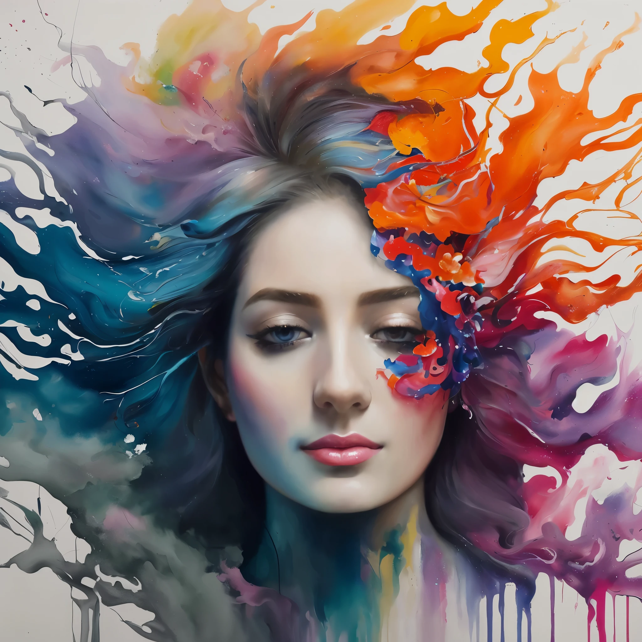 painting of a woman with a colorful hair and a flower in her hair, beautiful acrylic fluid portrait, expressive beautiful painting, art of alessandro pautasso, vibrant colors hyper realism, intricate oil painting artwork, face submerged in colorful oils, woman portrait made out of paint, emotional oil painting, expressive beautiful portrait, colorful hyperrealism, intricate and intense oil paint