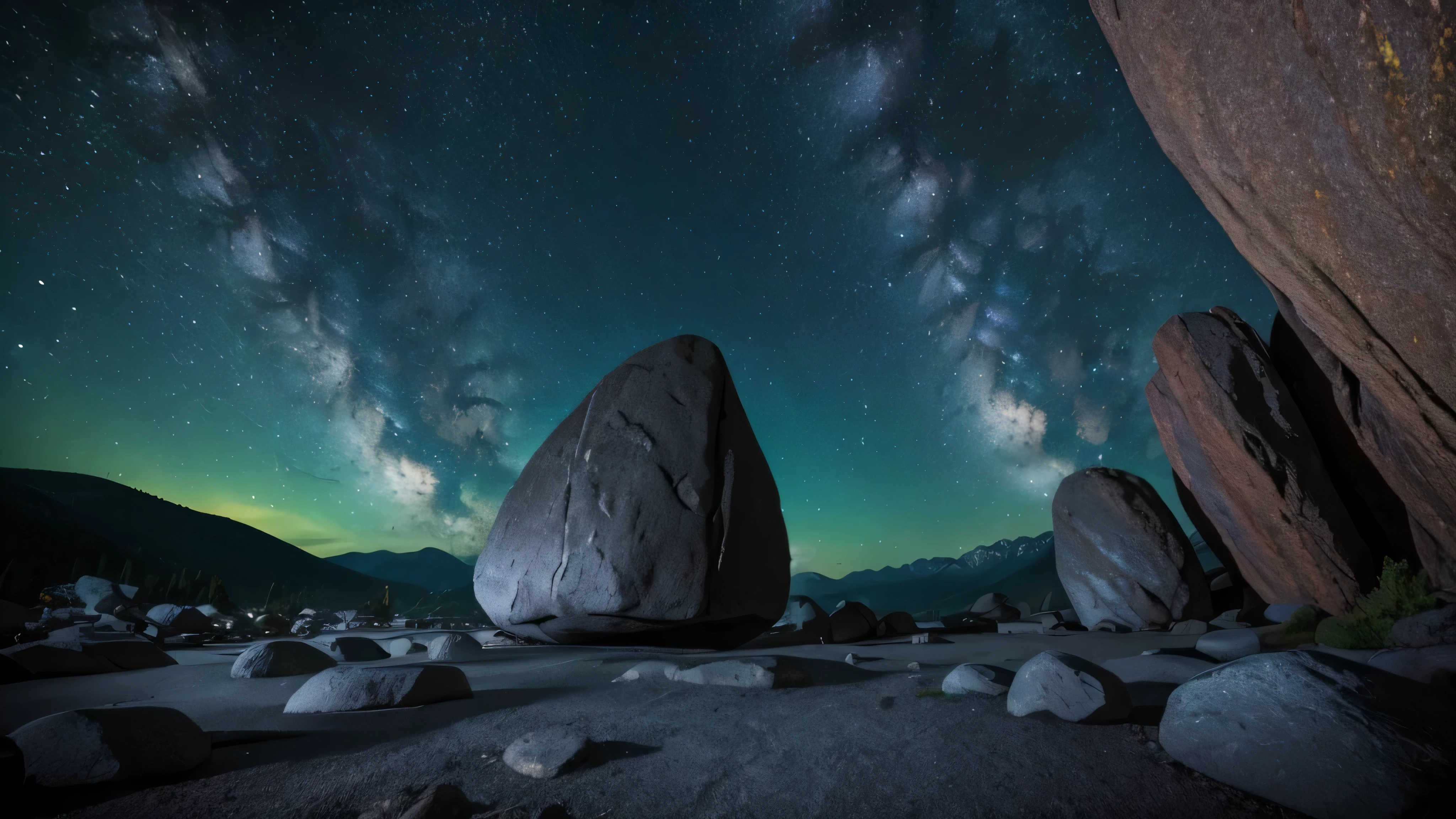 big rock, boulder, dark neon