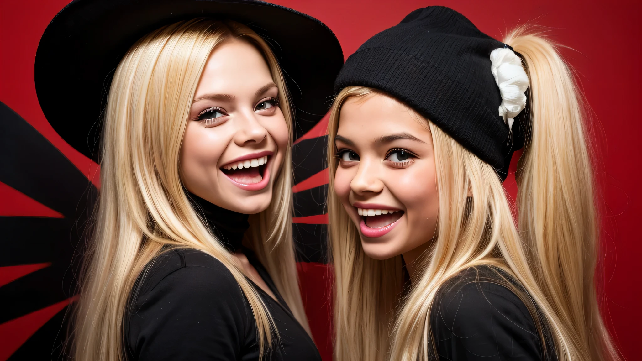 KIDS GIRL BLONDE long hair with a black face and a black face with a black face, evil crazy laugh, red oil background.