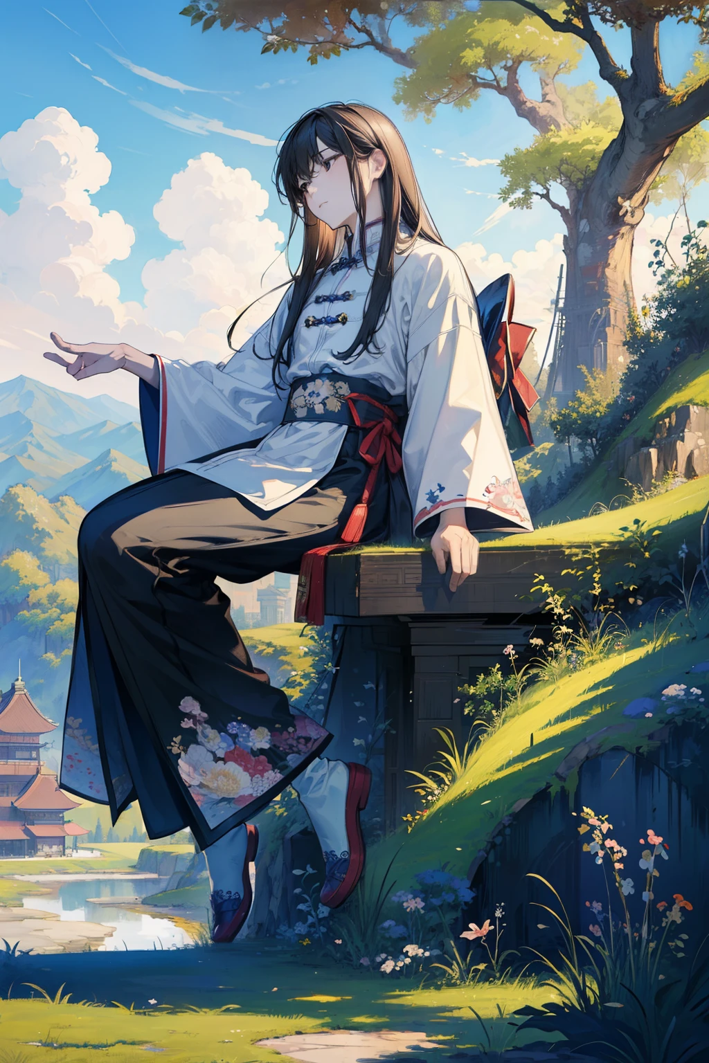 ((masterpiece)),((best quality)),((high detail)),((actual,)) ((Super detailed)),sitting under a cherry tree, Cartoonist illustration, airscape, beautiful sky, Morphing clouds, 1.3:pines, tower.a man,long hair,Ancient Chinese men's clothing,Hands enlarge on the legs