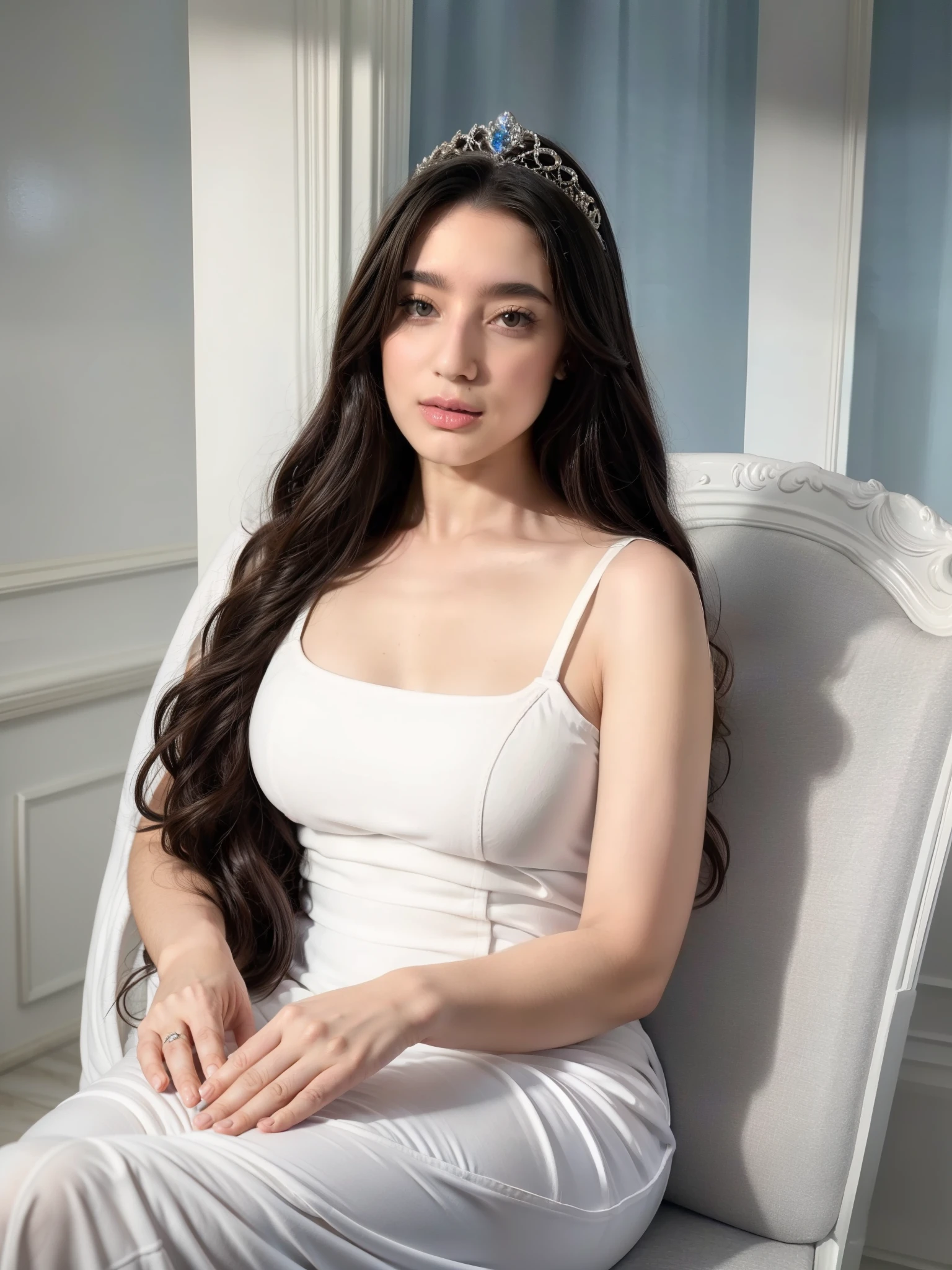 White beautiful goddess sitting on white crystal throne, blue eyes, white long wavy hair, wearing white crystal crown, wearing a beautiful white full dress, inside a magnificent palace made of white stone, chromatic aberration. 