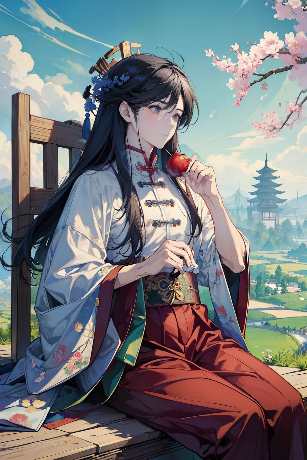 ((masterpiece)),((best quality)),((high detail)),((actual,)) ((Super detailed)),sitting under a cherry tree, Cartoonist illustration, airscape, beautiful sky, Morphing clouds, 1.3:pines, tower.a man,long hair,Ancient Chinese men's clothing,Hands enlarge on the legs