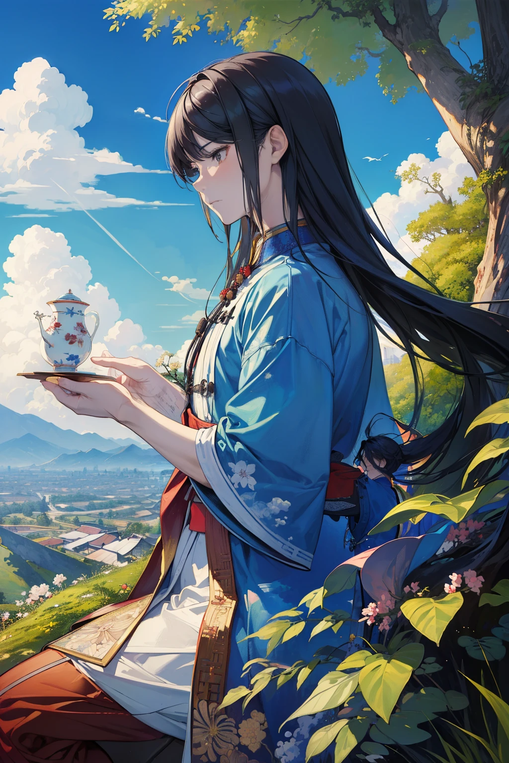 ((masterpiece)),((best quality)),((high detail)),((actual,)) ((Super detailed)),sitting under a cherry tree, Cartoonist illustration, airscape, beautiful sky, Morphing clouds, 1.3:pines, tower.a man,long hair,Ancient Chinese men's clothing,Hands enlarge on the legs