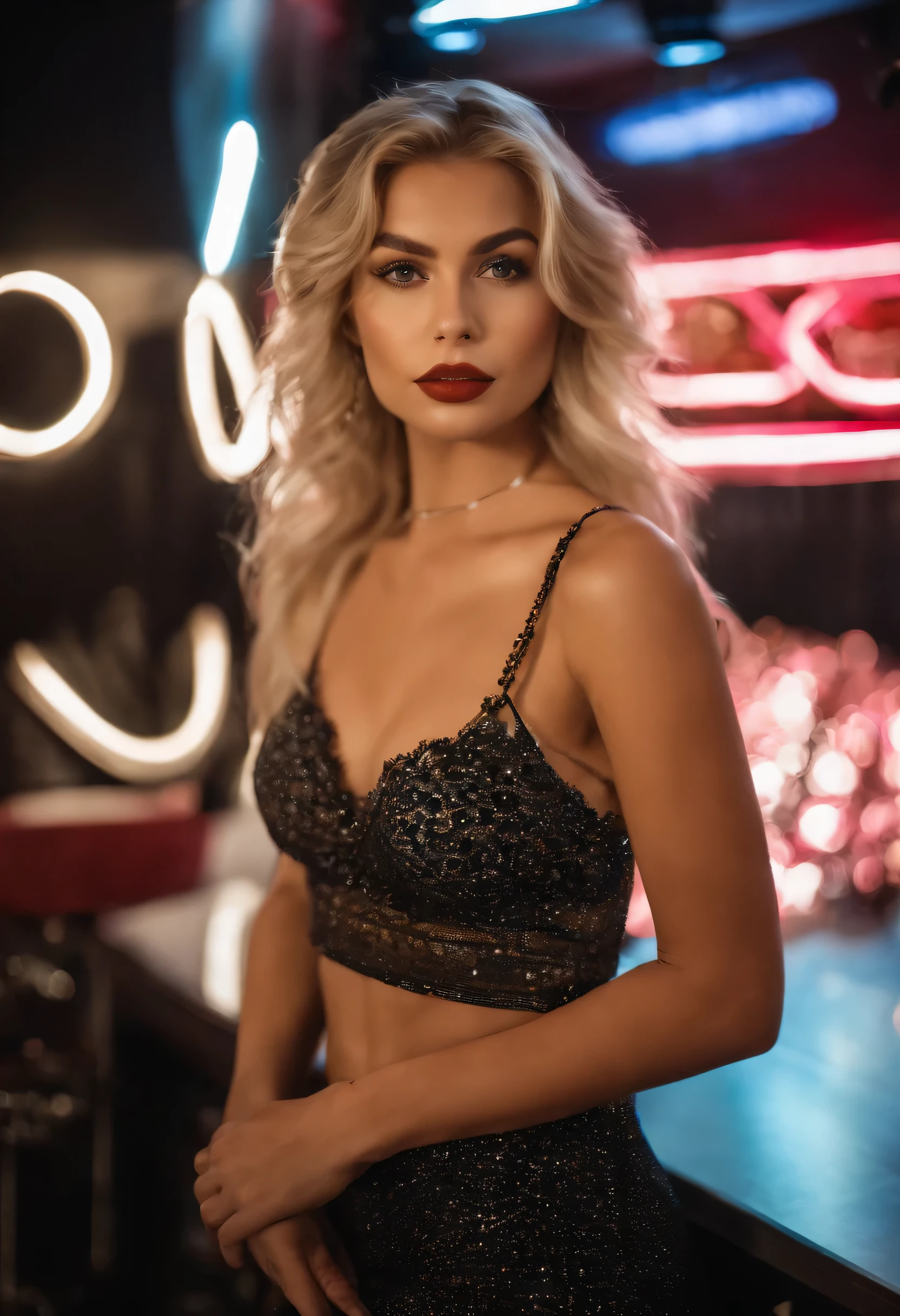 blonde woman with matching tank top and skirt posing at a night club, fille sexy aux yeux bleus, Portrait Sophie Mudd, blur background, best quality, 1girl, Portrait de Corinna Kopf, cheveux blonds et grands yeux, selfie of a young woman, ohne Maquillage, maquillage naturel, Look directly into the camera, Visage avec Artgram, dezentes Maquillage, Superbe photo du corps entier, dans la chambre, Gros seins, Blonde, latina