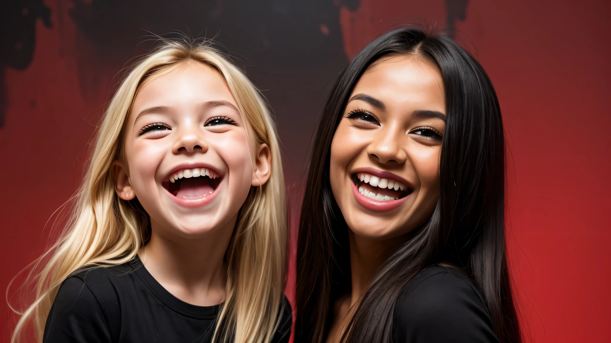 KIDS GIRL BLONDE long hair with a black face and a black face with a black face, evil crazy laugh, red oil background.