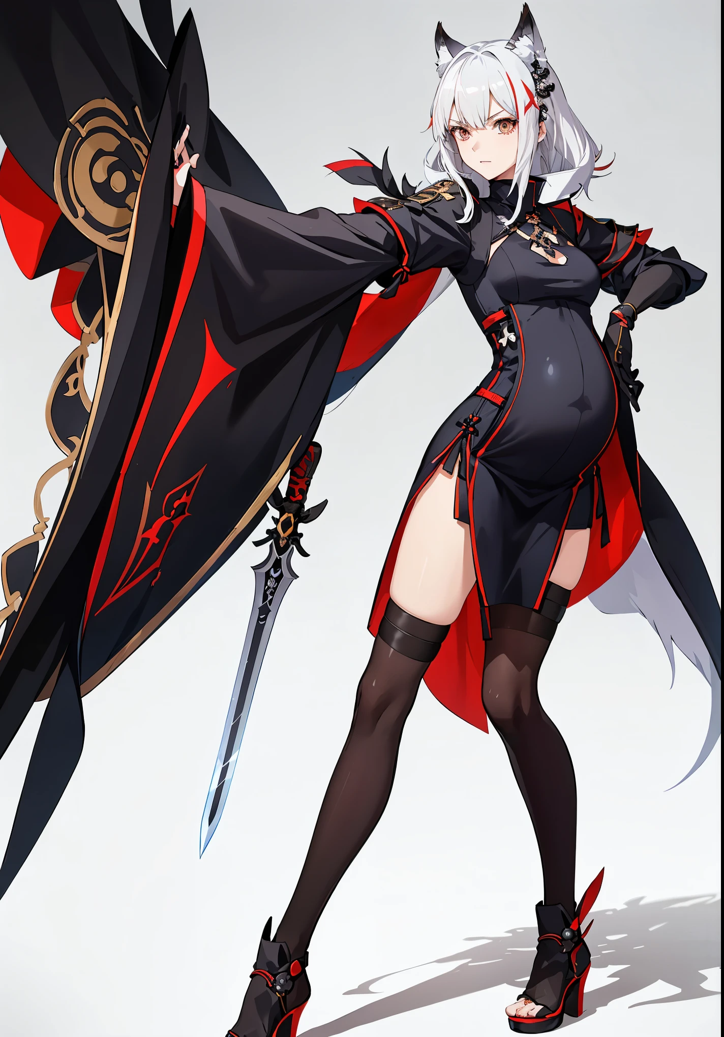 a woman in a ninja dress holding a dagger and a dagger, video game character, from arknights, fox nobushi holding a dagger, hajime yatate, keqing from genshin impact, white haired deity, with small sword, ayaka genshin impact, female action anime girl, official character art, anime character, pregnant anime girl, fetus, pregnant belly, 