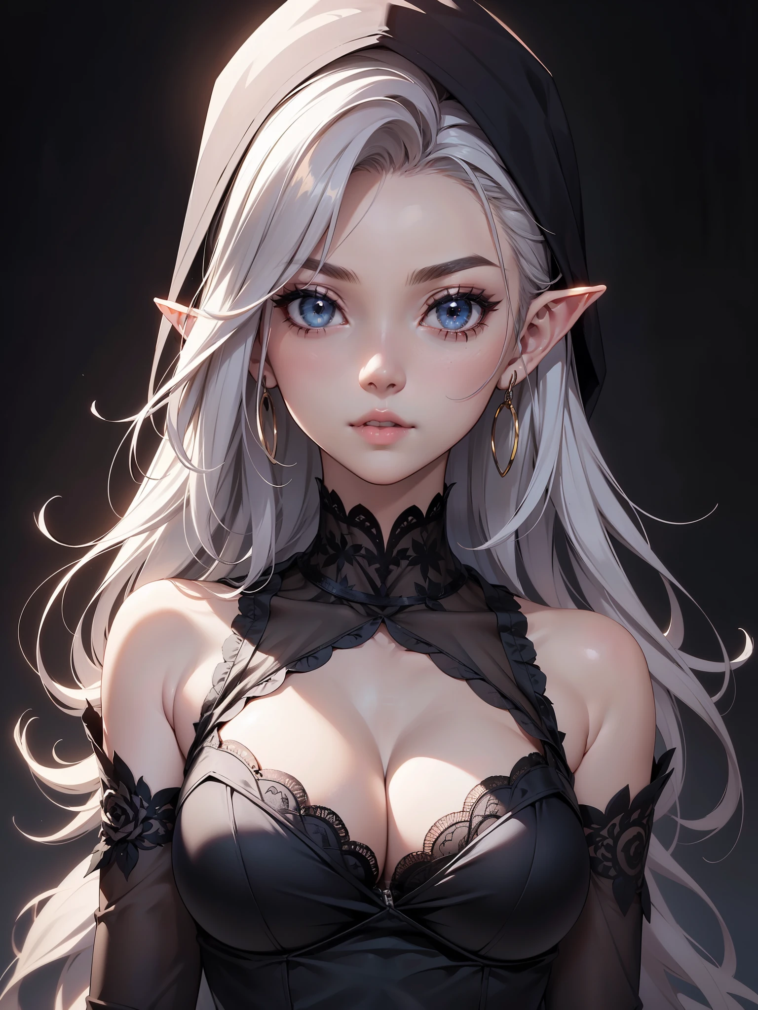 White elf girl, very long flowing hair, white eye color, small eyes, realistic human eye shape, round eye shape, eyeliner, realistic face shape. black lace low cut dress, portrait, wearing a black hood, black background, chest showing, NSFW, Depth of Field. looking at camera, dreamy look detailed eyes, detailed face, detailed skin, Ultra Detailed, Beautiful and Aesthetic, Masterpiece, Best Quality, shoulders showing. lace fabric, round chin shape. wearing black hood over hair.