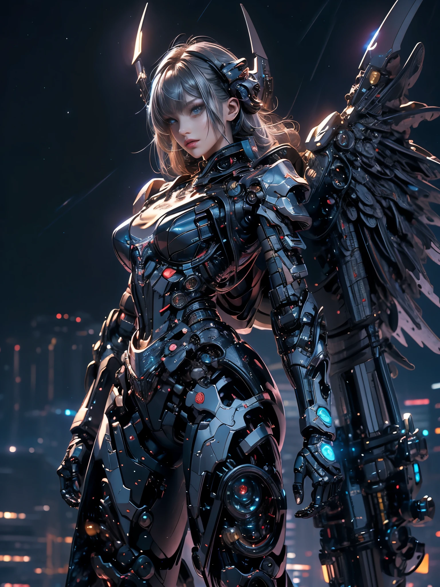 best image quality,excellent details,ultra high resolution,(fidelity:1.4),best illustrations,Focus on the details,daughter,Mecha wing,The background is a futuristic city,((night:1.8)),beauty of android、Silver-haired medium bob、19 years old、Neat and detailed facial features、beautiful girl、Full mechanical armor based on black and light blue.、banshee、backpack unit(Equip Gigant Claw on arm:1.4)Cyberpunk characters,(model pose:1.3)volume light