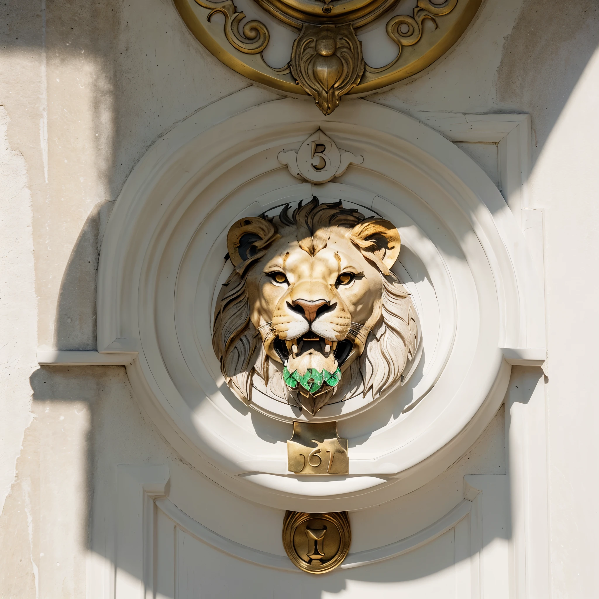 Generate a realistic logo featuring a lion door knocker as the focal point, symbolizing strength, authority, and security, set against a clean white background to ensure versatility and clarity. The design should evoke a sense of sophistication and reliability, suitable for a variety of business applications, and emphasize attention to detail and craftsmanship.
