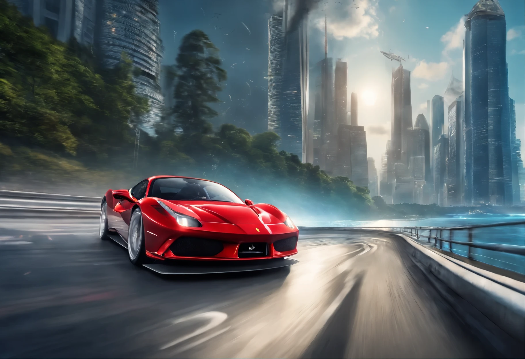 (Best quality, 8k, Masterpiece :1.2), hyper realistic, at a mountain, an detailed red Ferrari 488, Speeding on the highway, (Facing the audience), The blue skyscraper in the background, at night,