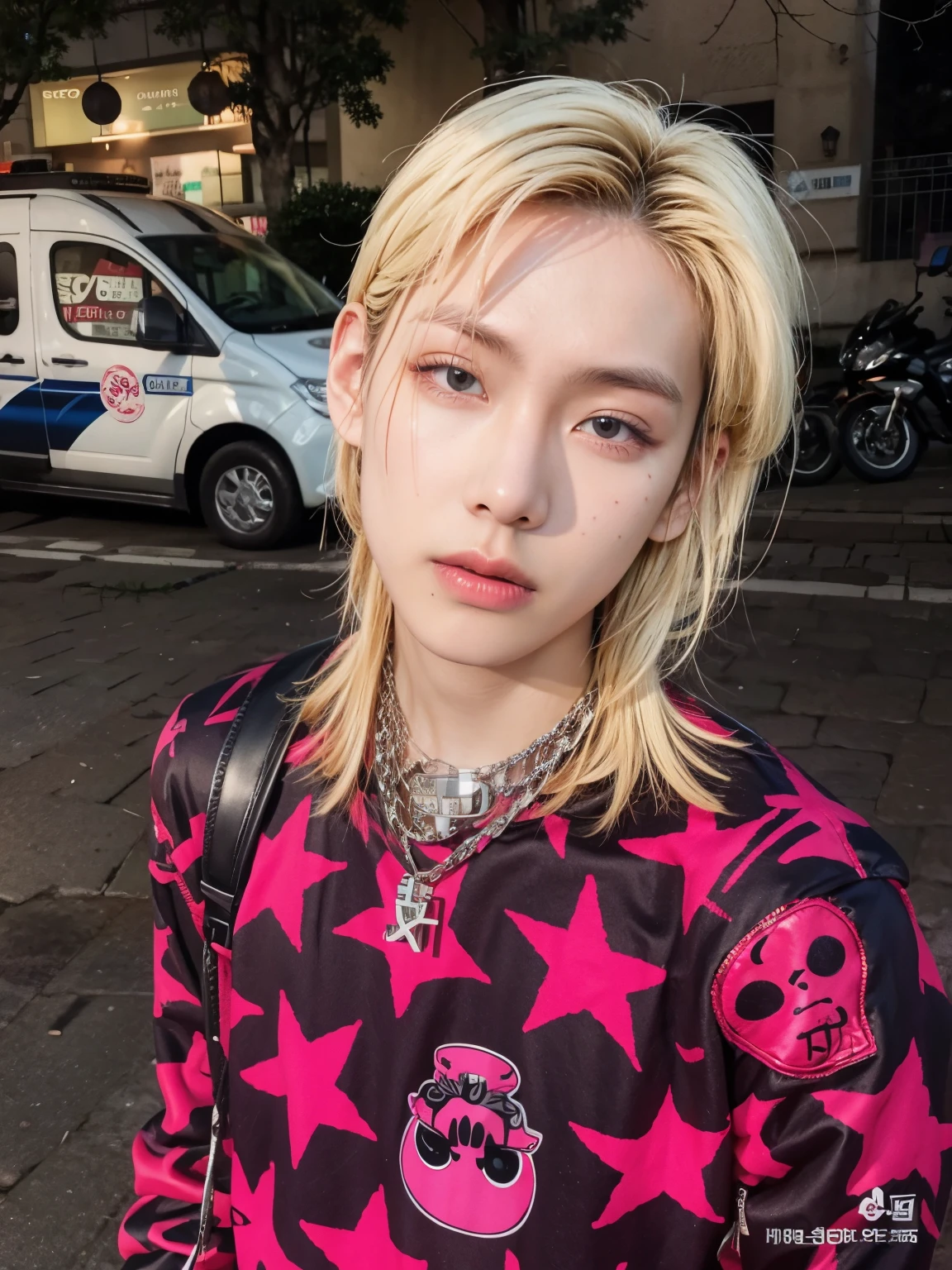 Hombre rubio con una camisa rosa y un bolso negro parada en la calle, hong junio hyung, Jinyoung Shin, kim doyoung, TaeJune Kim, hyung tae, portrait of jossi de blackpink, cai xukun, retrato de una mujer como reol, jossi de blackpink, sol yunjoo, steven jung, jaeyeon nam, cruel korean goth boy, con el pelo largo y blanco