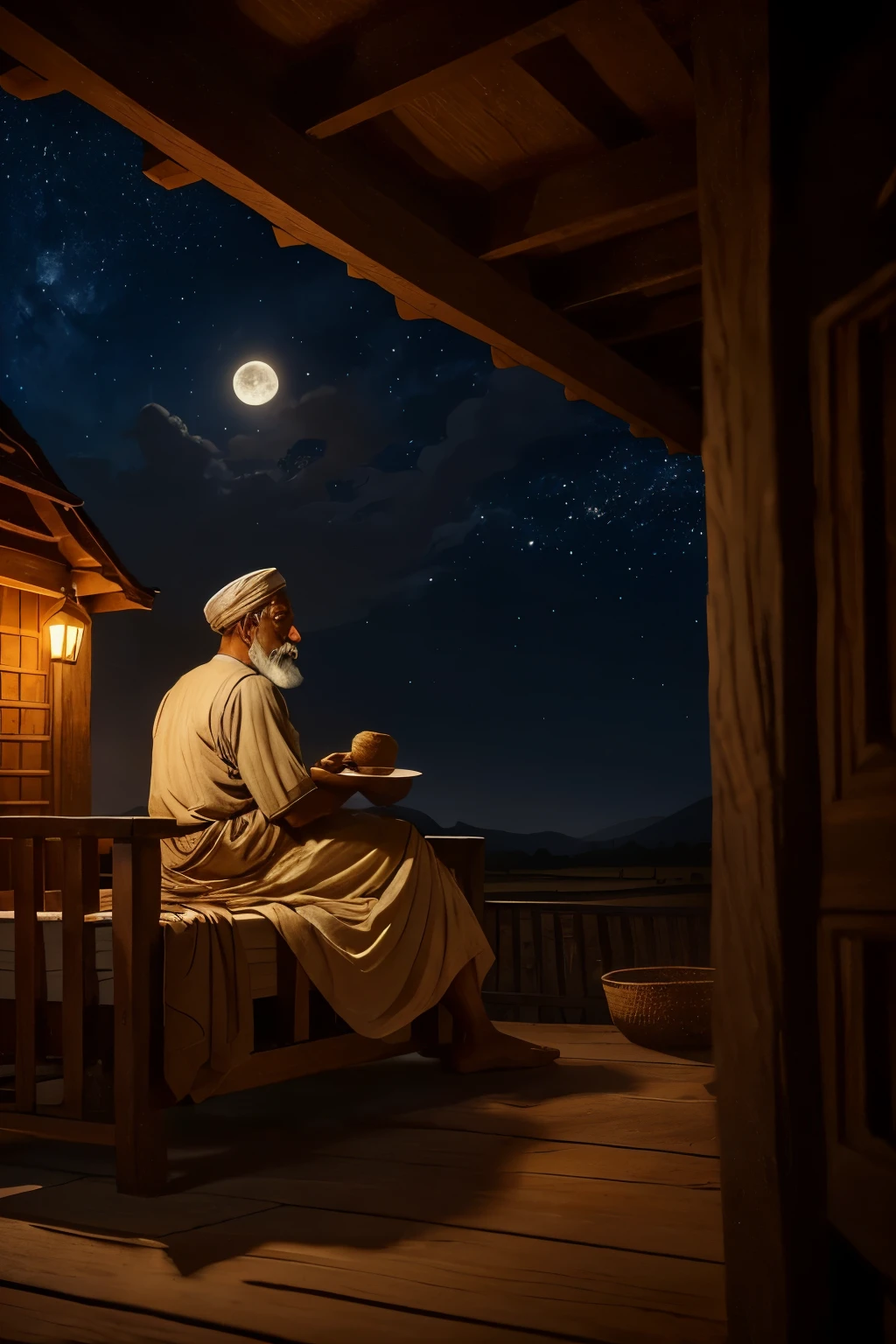 In a picturesque Indian village, under the serene glow of the moon and a blanket of shimmering stars, a contented old man is perched upon a weathered cot, relishing a simple meal of freshly baked bread. The surrounding landscape is adorned with vast expanses of lush fields, their beauty captured with stunning realism in this artwork. The attention to detail is truly remarkable, showcasing the intricate folds of the man's traditional attire and the grainy texture of the wooden cot. The artist has skillfully brought this scene to life, infusing it with a palpable sense of tranquility and authenticity. The soft, warm lighting creates a moody ambiance, casting gentle shadows that dance upon the man's weathered face. Every element of this composition