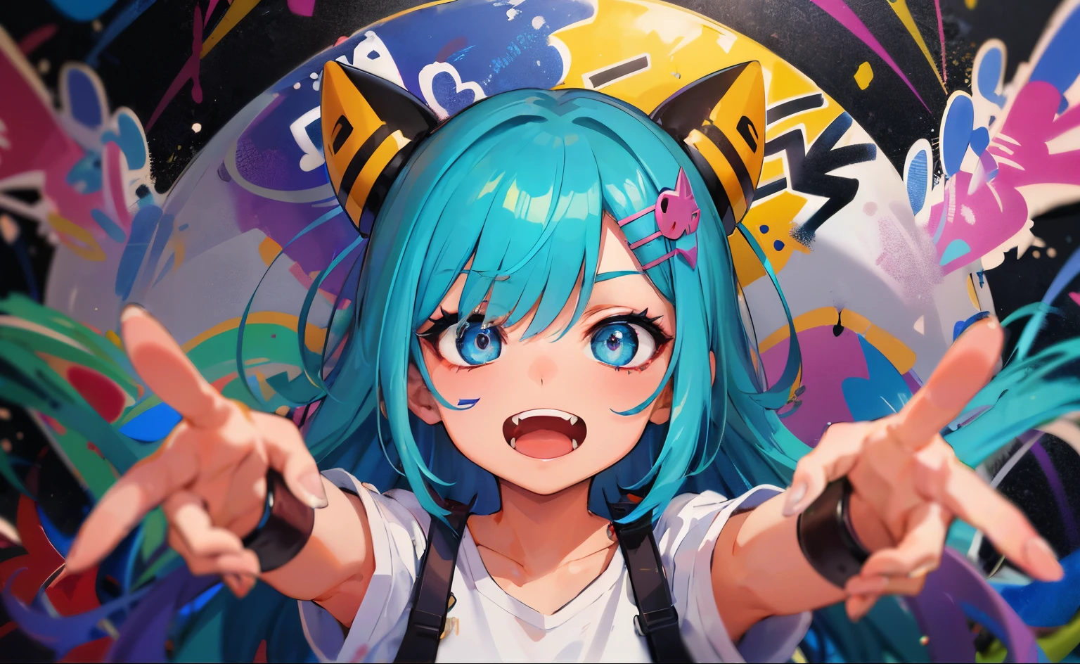 masterpiece, high quality, highres, absurdres, ultra-detailed, detailed eyes, 8k, 1girl, colorful eyes, fangs, open mouth, blue eyes, bangs, hair ornament, colorful background, (graffiti mural walls background), looking at viewer, vibrant, contrast