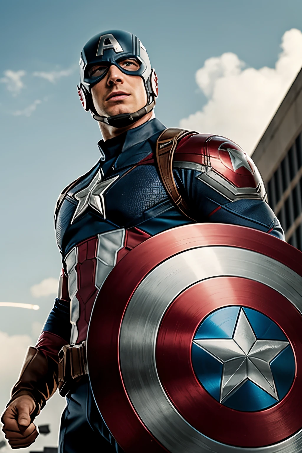 RAW photo in sequence, an image of Flash and Captain America --s2, ((heroes in determined poses, sorrindo)), detailed foundation of a city, luzes artificiais, baixa profundidade de campo, comic-hero style, imagens CGI, cinematographic, flerte com o espectador, perfect characterization, Flash com velocidade da luz, Captain America with shield and red and white uniform, detalhes nos uniformes e emocionais, alta qualidade, film grain, Sony Alpha Series.