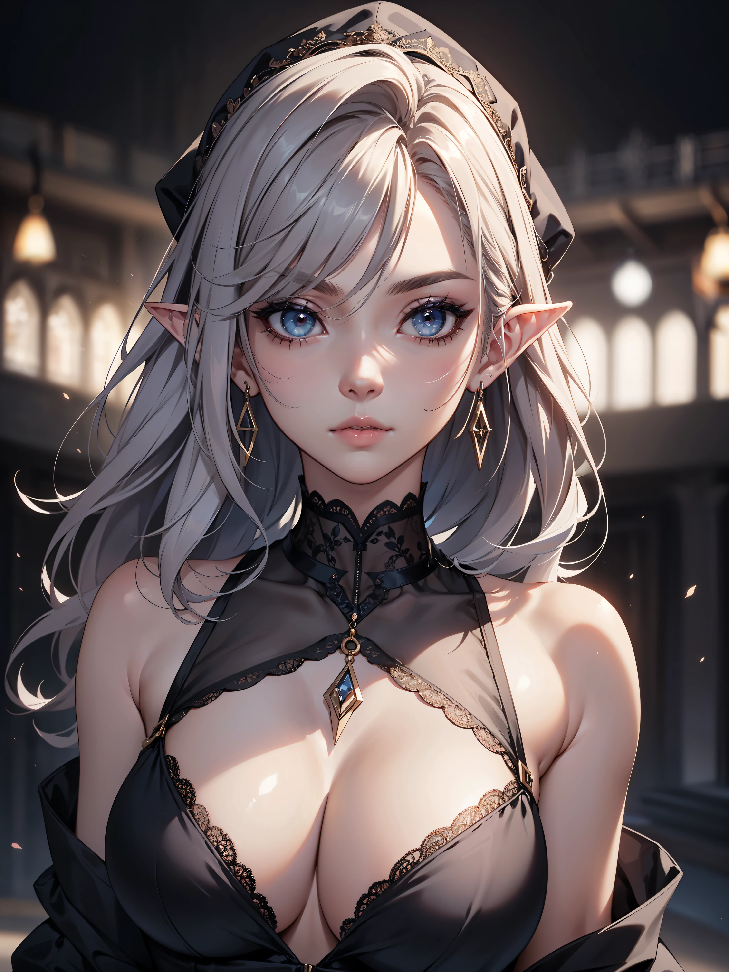 White elf girl, very long flowing hair, white eye color, small eyes, realistic human eye shape, round eye shape, eyeliner, realistic face shape. black lace low cut dress, portrait, wearing a black hood, black background, chest showing, NSFW, Depth of Field. looking at camera, dreamy look detailed eyes, detailed face, detailed skin, Ultra Detailed, Beautiful and Aesthetic, Masterpiece, Best Quality, shoulders showing. lace fabric, round chin shape. wearing black hood over hair. showing full upper body and face.