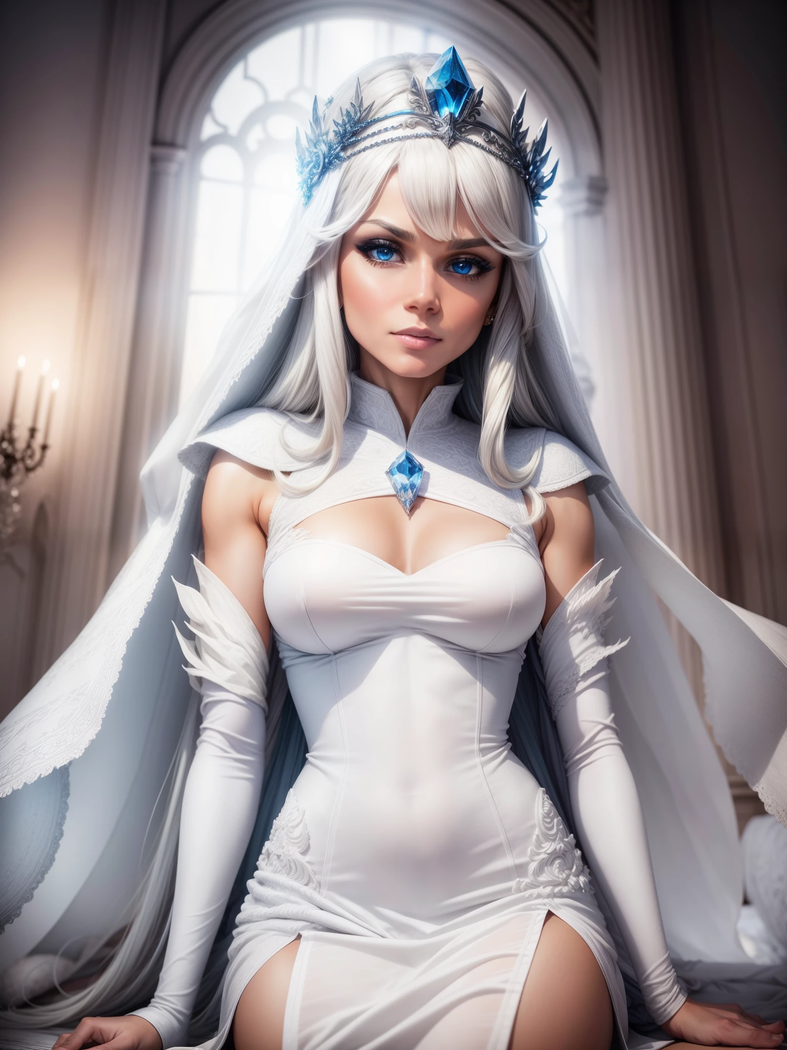 White beautiful goddess sitting on white crystal throne, blue eyes, white long wavy hair, wearing white crystal crown, wearing a beautiful white full dress, inside a magnificent palace made of white stone, chromatic aberration. 