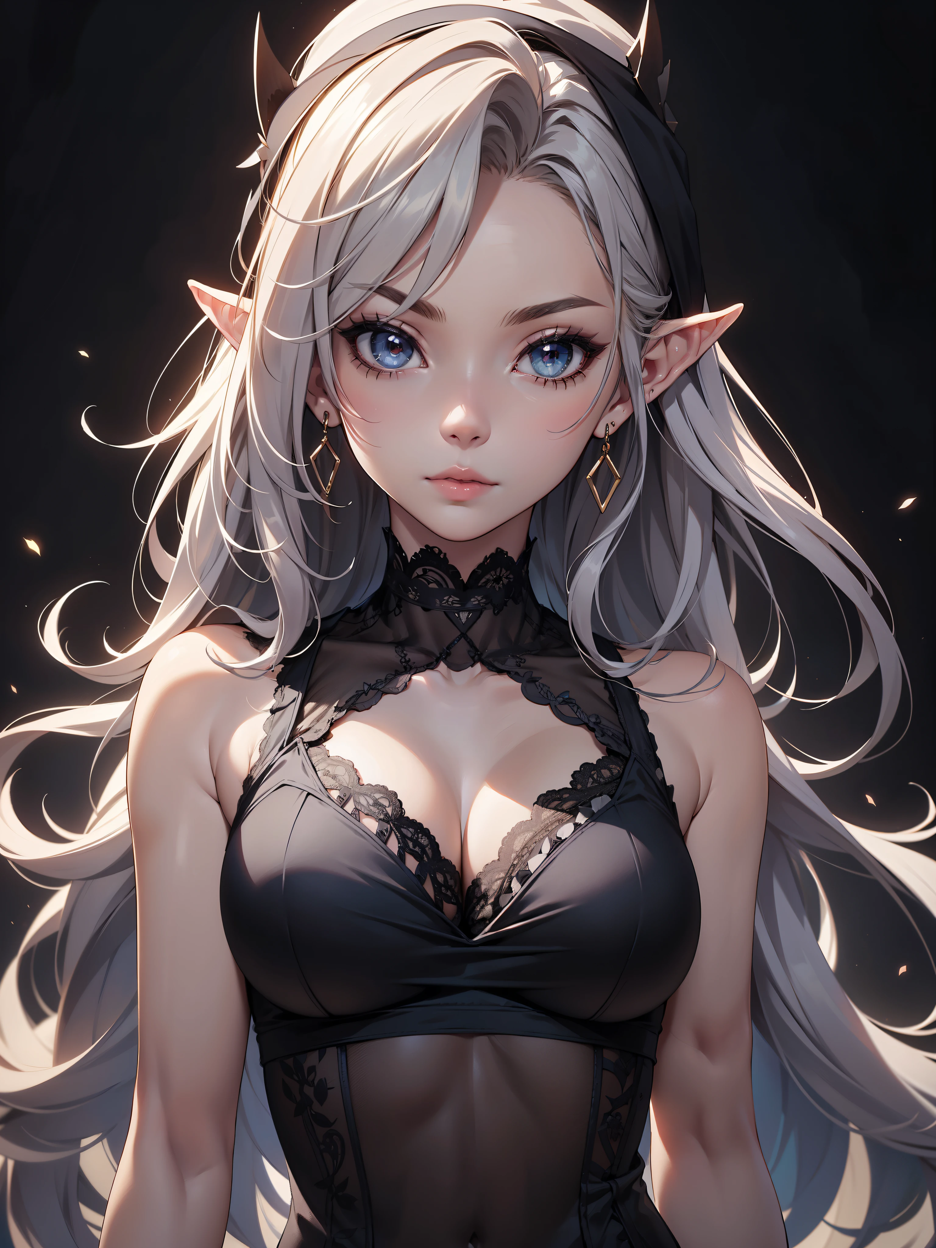 White elf girl, very long flowing hair, white eye color, small eyes, realistic human eye shape, round eye shape, eyeliner, realistic face shape. black lace low cut dress, portrait, wearing a black hood, black background, chest showing, NSFW, Depth of Field. looking at camera, dreamy look detailed eyes, detailed face, detailed skin, Ultra Detailed, Beautiful and Aesthetic, Masterpiece, Best Quality, shoulders showing. lace fabric, round chin shape. wearing black hood over hair. showing full upper body and face.