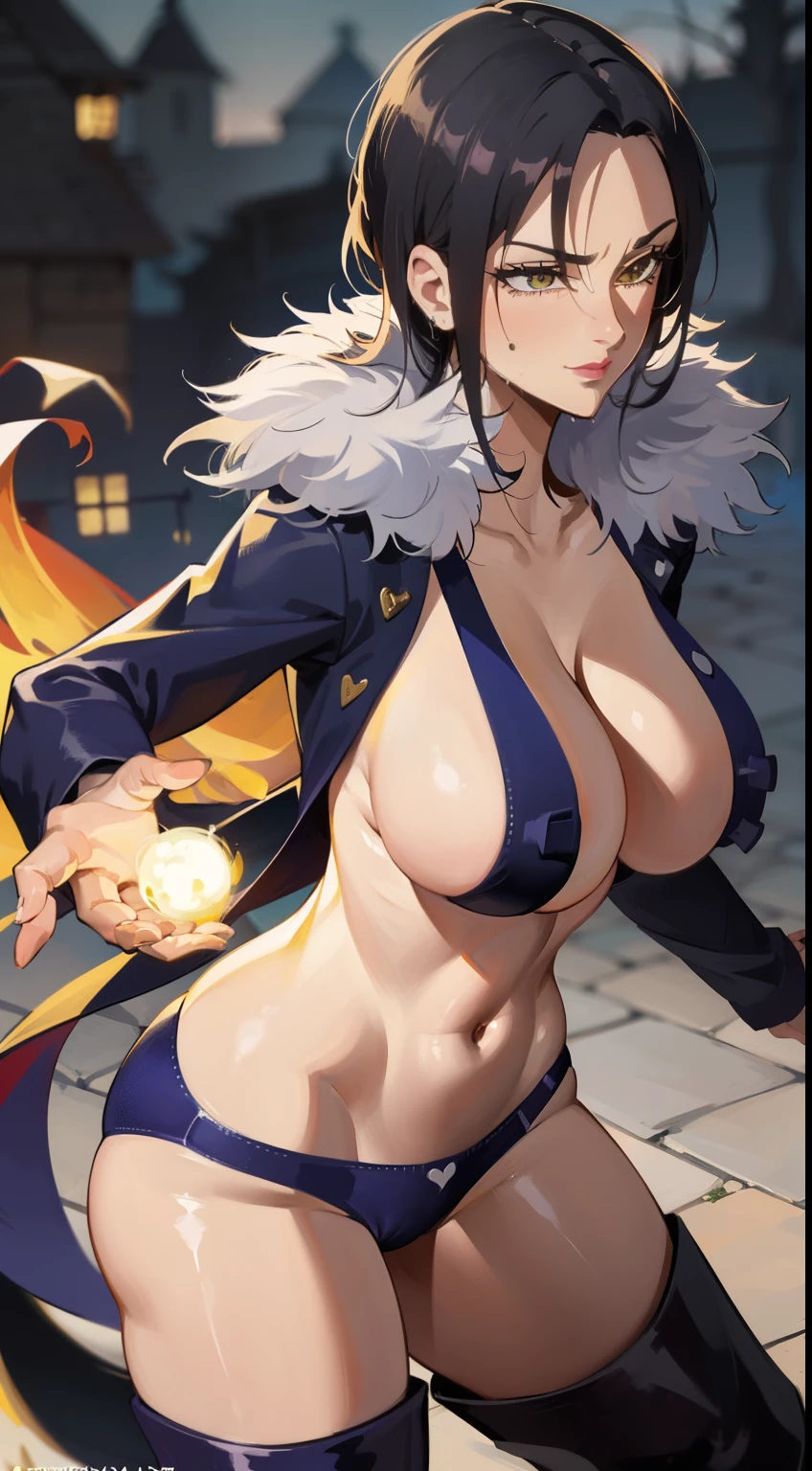 Hyper detailed image, UHD, 16k, professional photo, (Realistic photo by Merlin 7ds), professional photo, ((Goddess of beauty girl, charming, various accessories, earrings, bluish black hair, a strand of hair between her eyes)), breasts showing, flashy cleavage,
(Merlin Nanatsu no Taizai" The Seven Deadly Sins), naive, naughty, excited expression,
Merlin is portrayed as an attractive young woman. Her appearance is marked by fine and elegant features, contributing to an image of grace and sophistication. Her presence often radiates confidence and wisdom. Merlin is portrayed as an attractive young woman. Her appearance is marked by fine and elegant features, contributing to an image of grace and sophistication. Her presence often radiates confidence and wisdom. Merlin has long blue hair that is usually loose. Her eyes are an intense blue color and often reflect a calm and discerning expression. Merlin is usually seen wearing a distinctive sexy costume that shows off his erotic feminine features. Her outfit includes a long white tunic with blue and gold details with a low neckline, showing long breasts and a micro panty tucked into the puzzy, She also wears a black hooded cape and knee-high boots. mysterious and powerful aura,
open and erotic outfit showing her impressive, beautiful and perfect big breasts, ((natural long sagging breasts, natural perfect breasts, ultra-giant pointed long breasts sticking out of the cleavage)) full breasts, big body, tall, thin visible abs, curved body, curvaceous , pert ass, As a powerful sorceress, Merlin often displays magical symbols around his hands or in his spells. ((panties tucked into perfect pussy on display, pubic hair on display))), thick legs open, wet pussy, flexible body, brown boots, perfect hands and fingers, environment: dark, moonlit night,, (great lighting) ( pussy, pornography, pubic hair), ((wet pink transparent panties, pubic hair))
