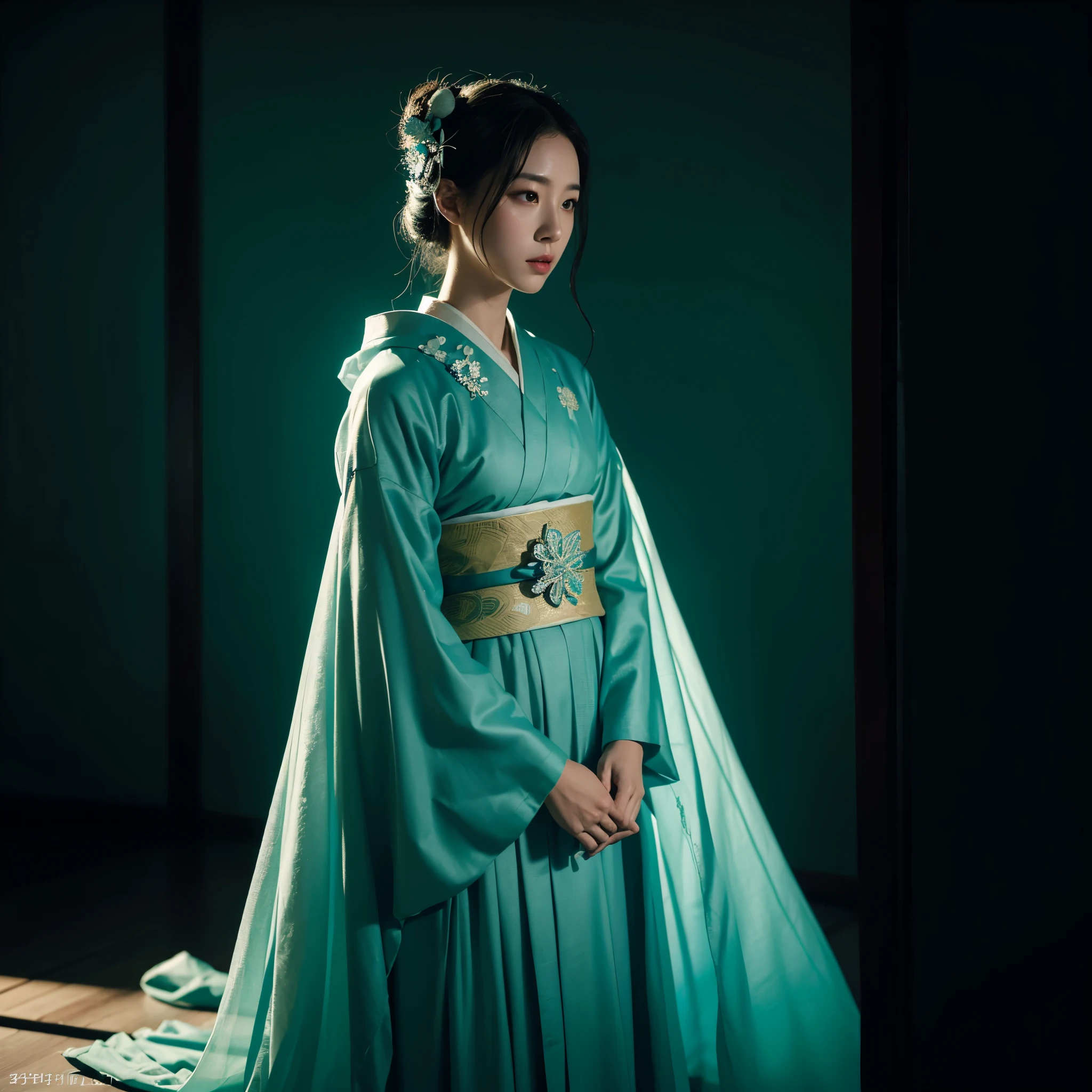 Transparent ghost spirit artwork by steven tah, in the style of geisha portraits, cinematic composition, Spirit artwork by Steven Tah, in the style of Geisha portraits, cinematic composition, uhd image, dark cyan and green, classical, historical genre scenes, time-lapse photography, interior scenes,8k,
