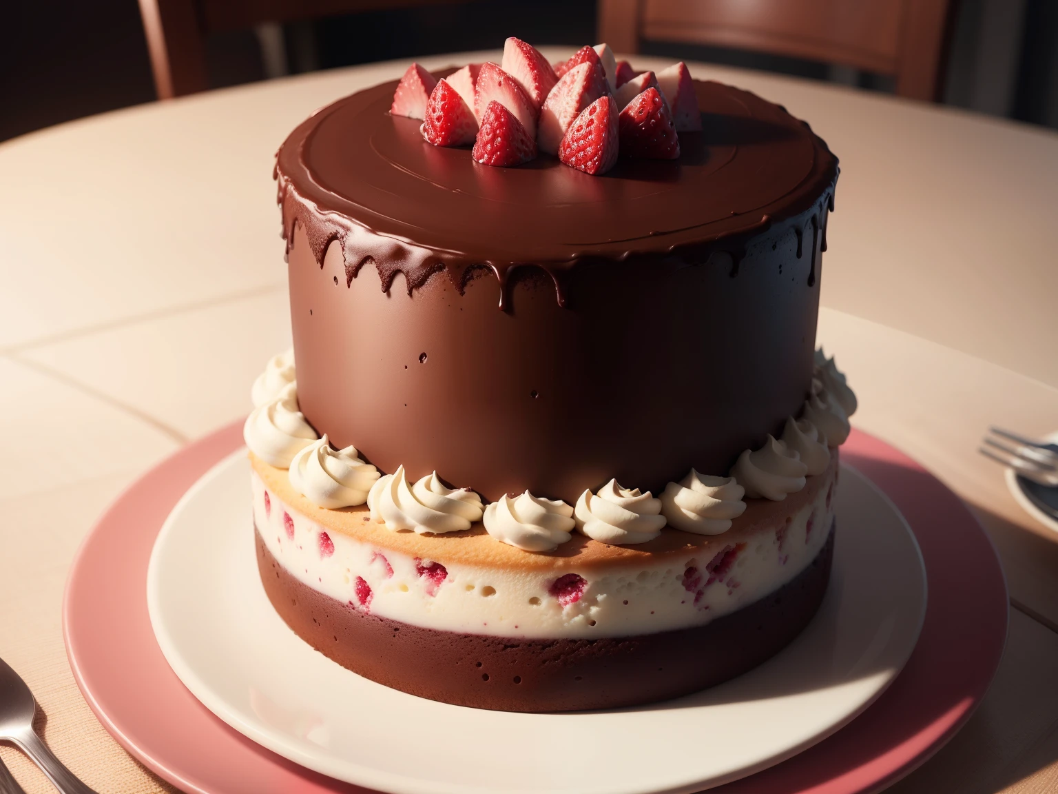 description: A Cake
Features: Chocolate cake
Scenario: Fundo rosa, solid color, somente a cor rosa de fundo.
action: This cake is cut with a slice on the plate next to it.
Qualidade: Ultra Realista, 8k, fullhd