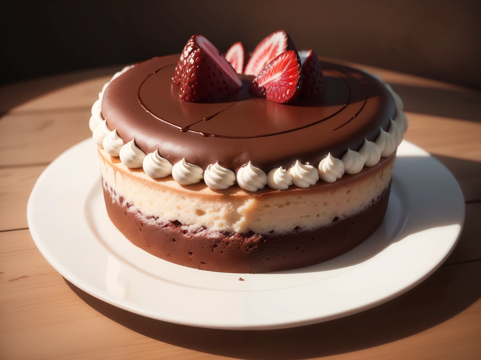 description: A Cake
Features: Chocolate cake
Scenario: Fundo rosa, solid color, somente a cor rosa de fundo.
action: This cake is cut with a slice on the plate next to it.
Qualidade: Ultra Realista, 8k, fullhd